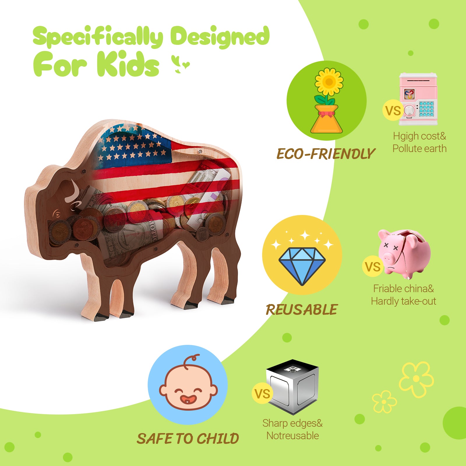 Wooden Bison Piggy Bank – Fun & Safe Money Box for Kids & Bull Lovers