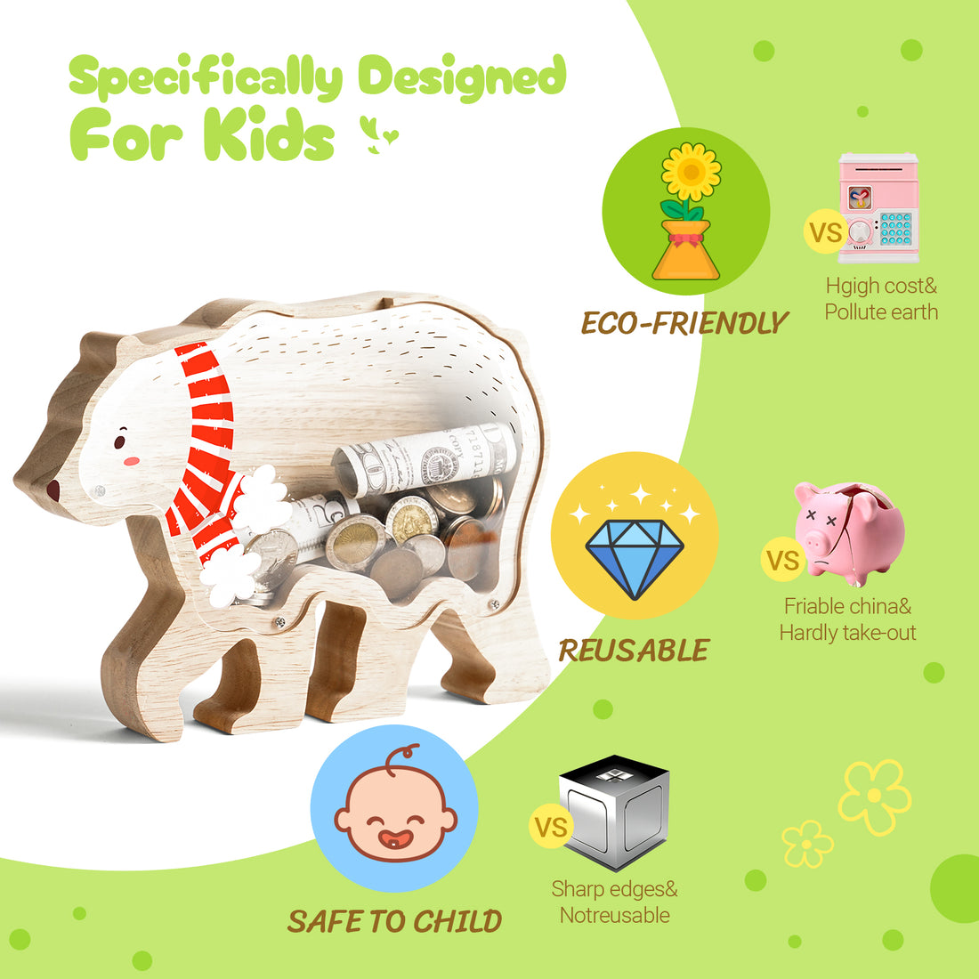 Wooden Christmas Bear Piggy Bank for Kids, Adorable Bear Piggy Bank with Acrylic Panels, Unbreakable Toddler Money Box for Boys Girls, Cute Christmas Saving Coin Jar for Birthday, Decor