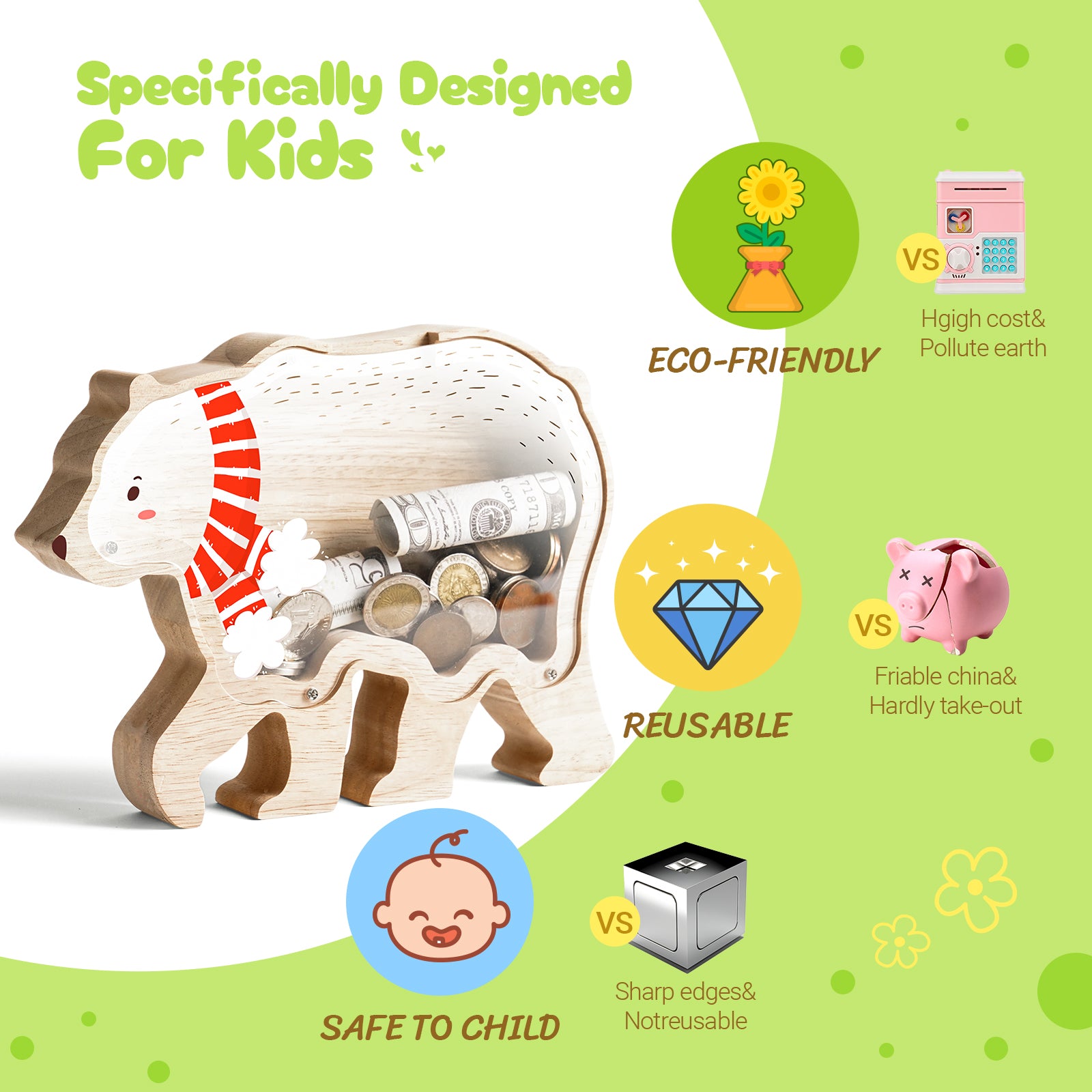 Wooden Christmas Bear Piggy Bank for Kids, Adorable Bear Piggy Bank with Acrylic Panels, Unbreakable Toddler Money Box for Boys Girls, Cute Christmas Saving Coin Jar for Birthday, Decor