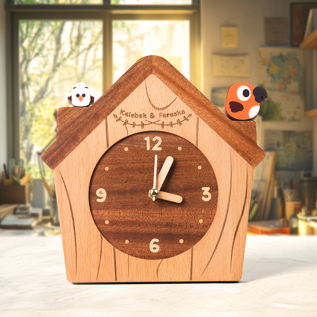 Wooden House Clock with Cute Bird Accents – Charming Kids Room Decor