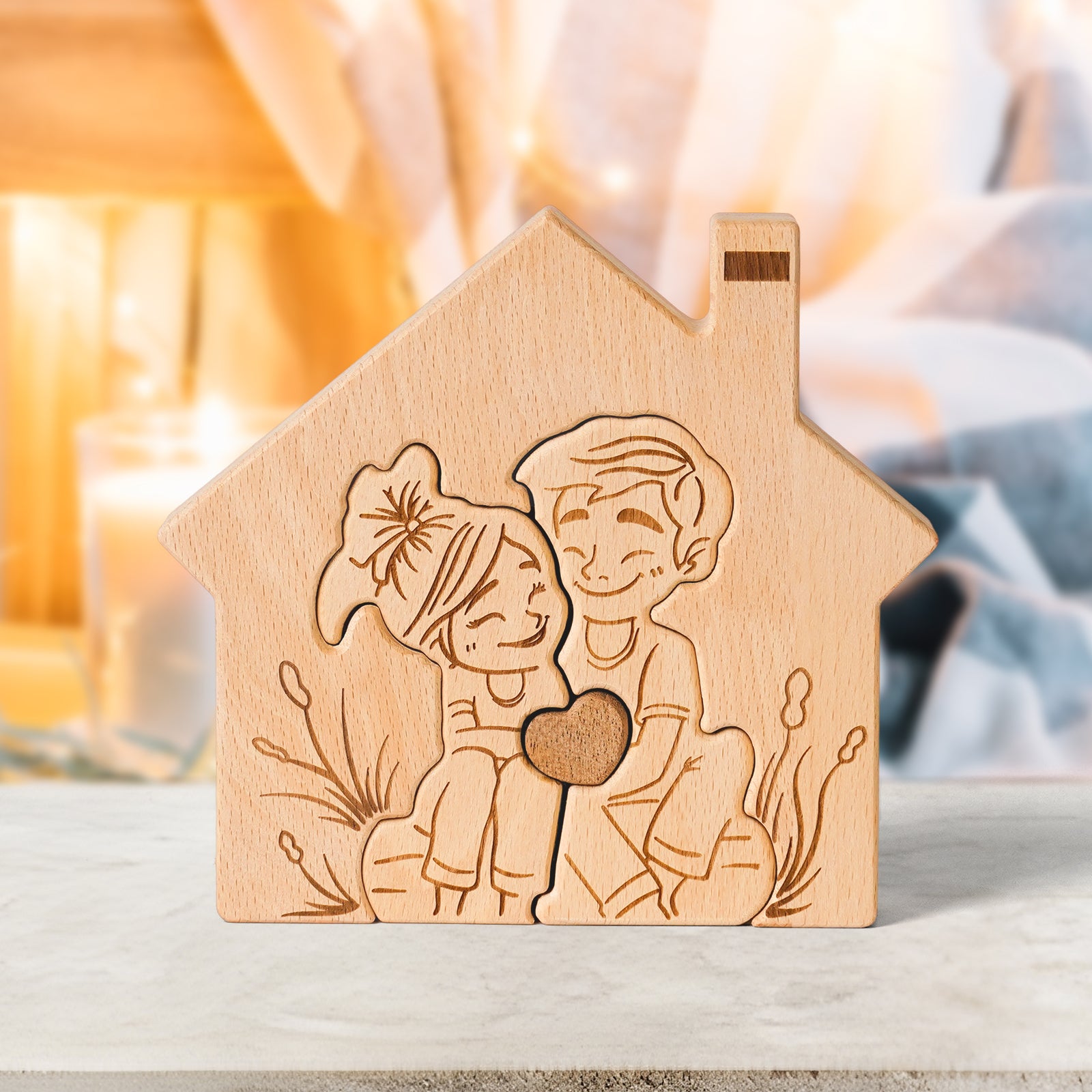 "Home is Where the Heart Is" Wooden Couple Statue - Romantic Home Decor & Gift