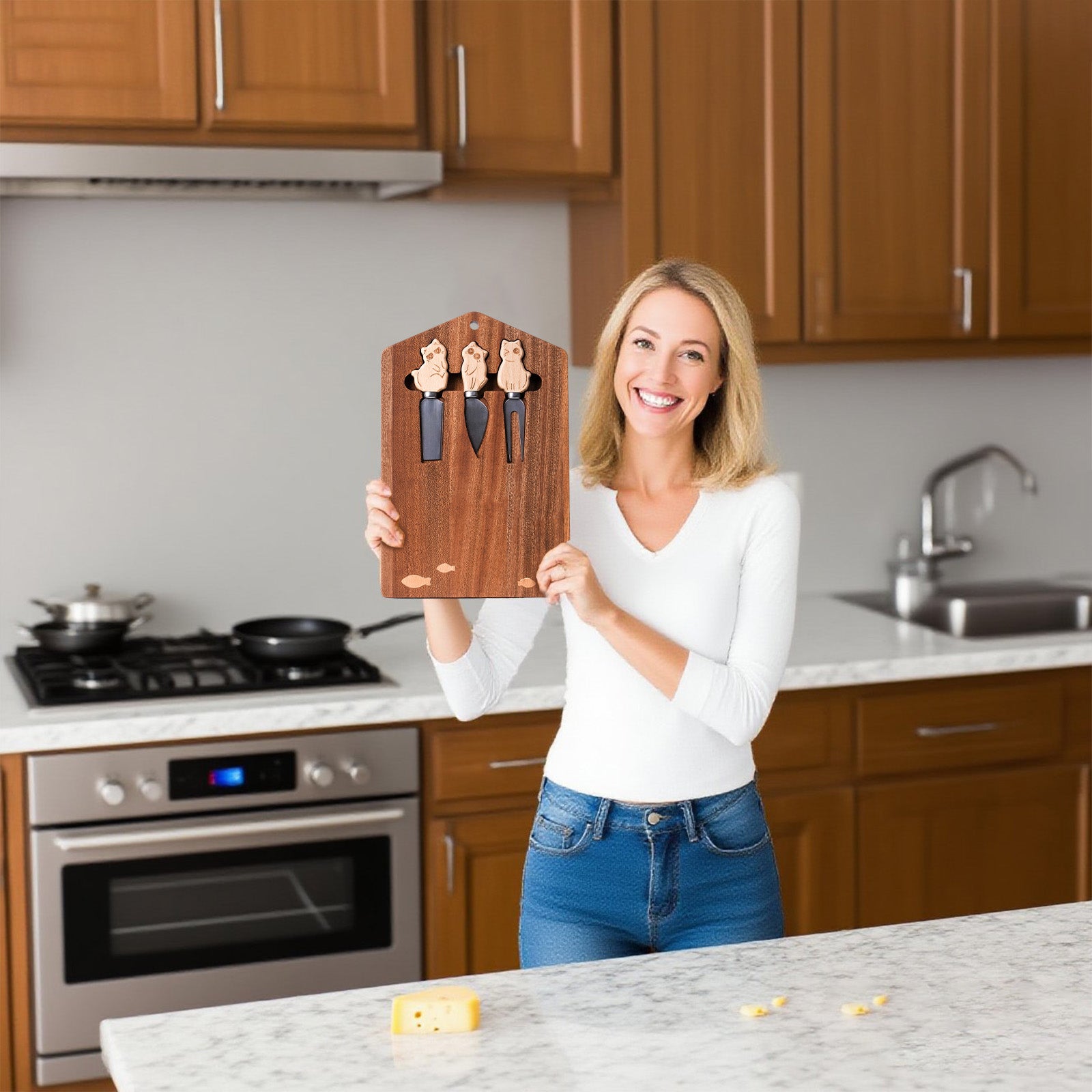Wooden Cat-Themed Cheese Knife Set – Adorable Cat Design on Cutting Board – Perfect Gift for Cat Lovers
