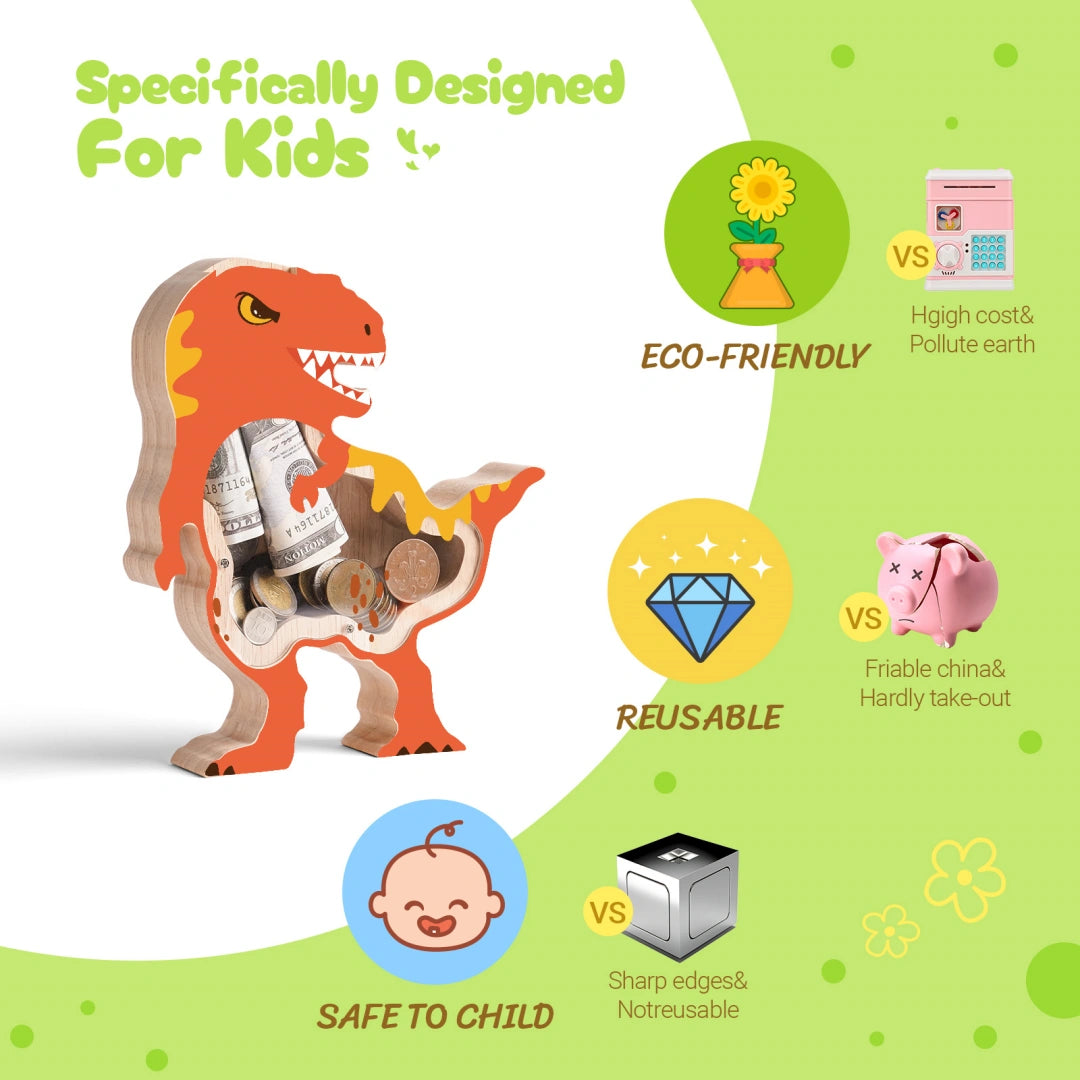 Wooden Dinosaur Piggy Banks for Kids, T-Rex Unbreakable Coin Bank with Acrylic Panels, Toddler Dino Money Bank for Boys Girls, Large Saving Coin Jar for Birthday, Christmas Décor