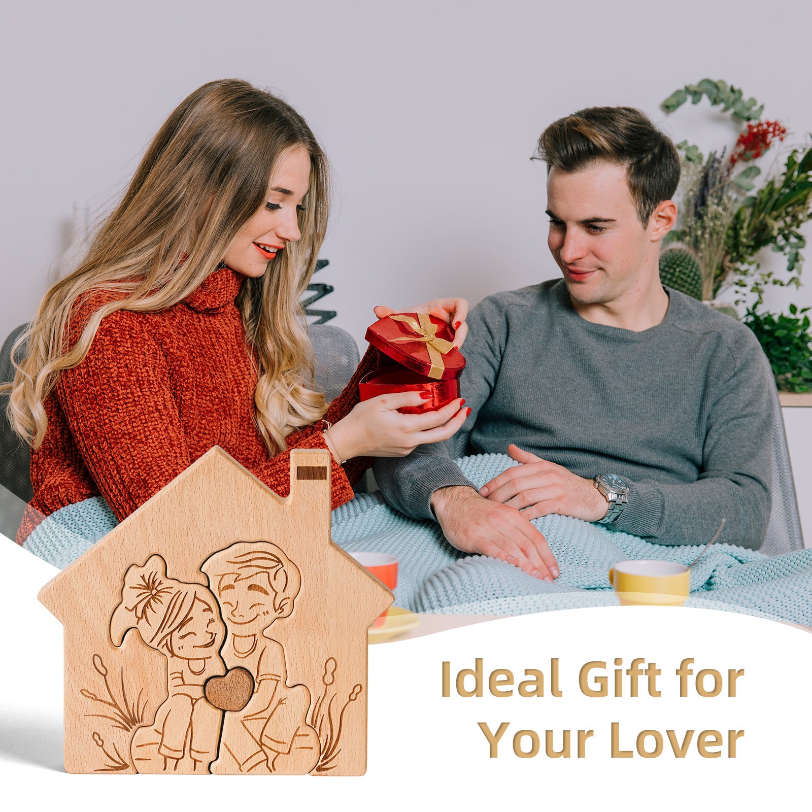 "Home is Where the Heart Is" Wooden Couple Statue - Romantic Home Decor & Gift