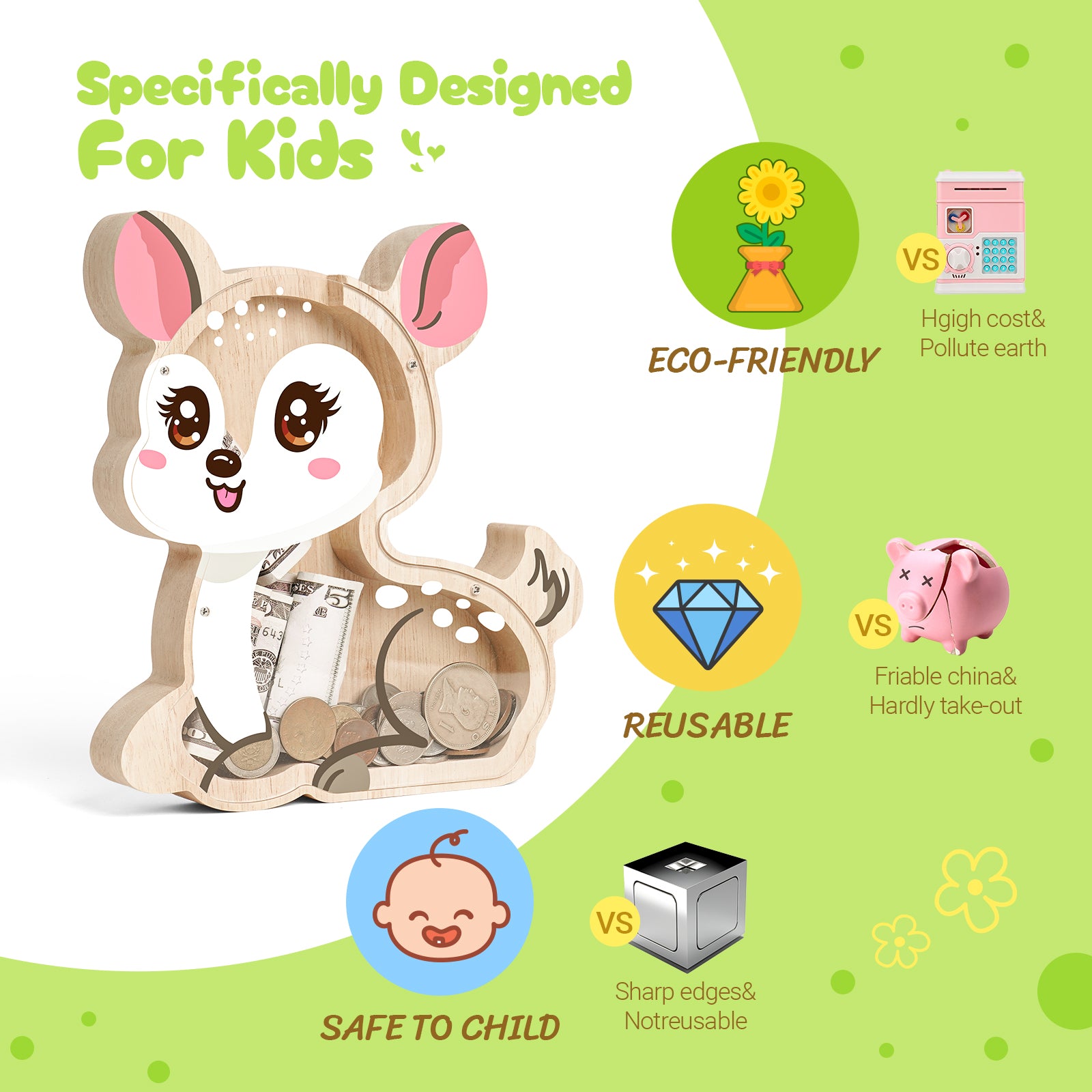 Wooden Deer Coin Bank with Clear Front – Cute Single-Sided Piggy Bank for Kids & Families