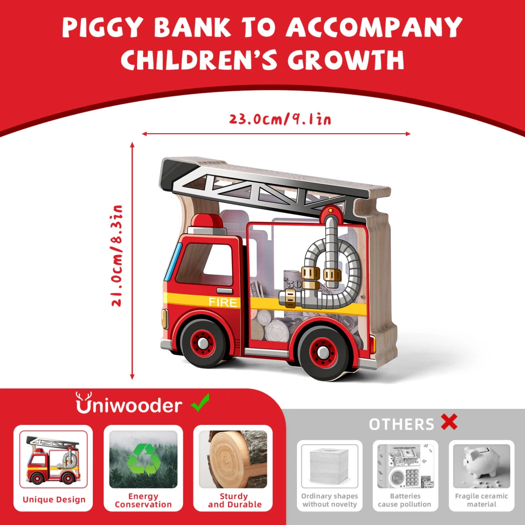 Wooden Piggy Bank for Kids, Fire Truck Piggy Bank with Acrylic Panels, Unbreakable Toddler Money Box for Boys and Girls, DIY Kids Safe Coin Box with Letter Sticker, Birthday Gift Visit the Uniwooder Store
