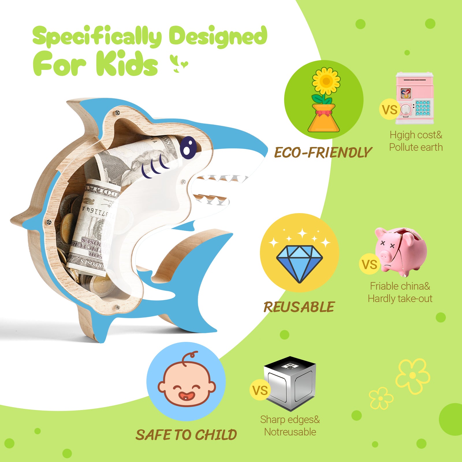 Wooden Shark Piggy Banks for Kids, Adorable Shark Piggy Bank with Acrylic Panels, Unbreakable Toddler Money Box for Boys Girls, Cute Saving Coin Jar for Birthday, Décor