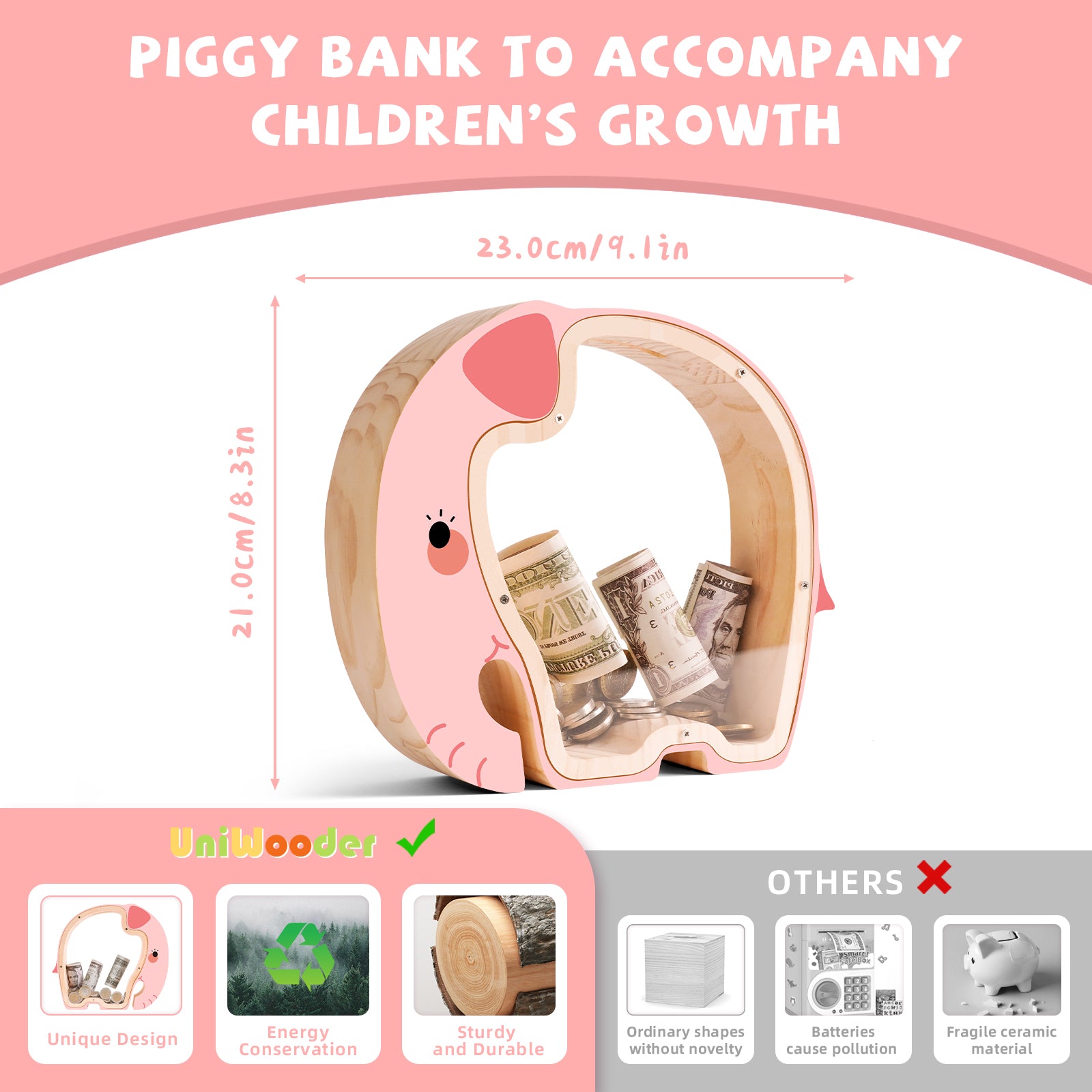 Wooden Elephant Piggy Bank - Adorable Dual-View Coin Keeper with Personalization Stickers