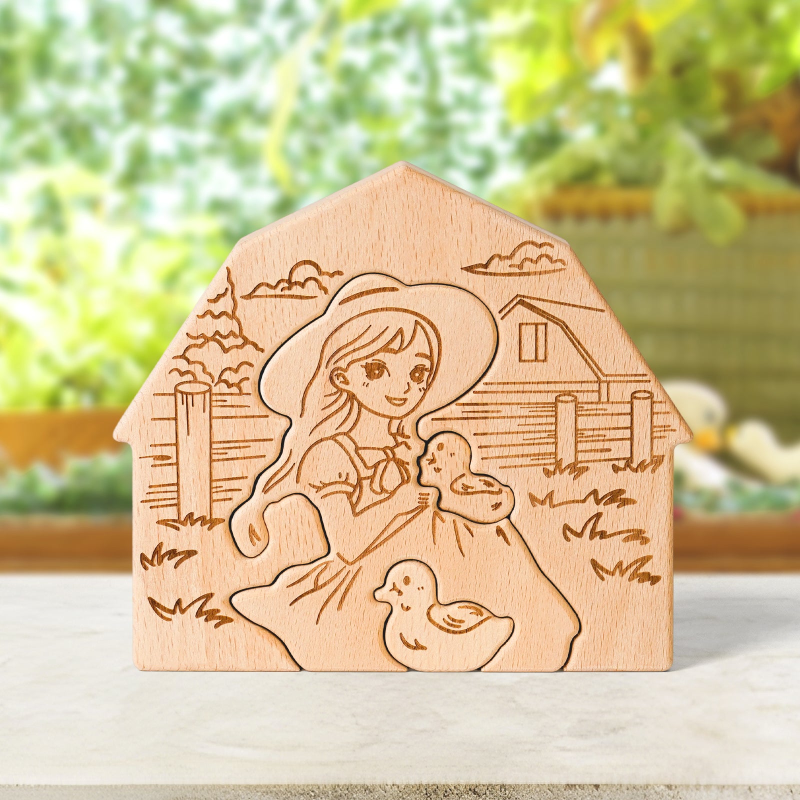 Rustic Wooden Figurine – Girl with Ducks Farmhouse Decor, Handcrafted Hug Keepsake for Home & Gifts
