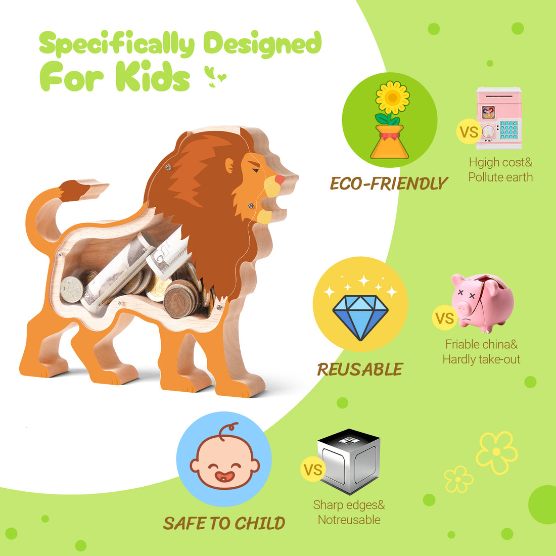 Wooden Lion Piggy Bank for Kids, Lion Piggy Bank with Acrylic Panels