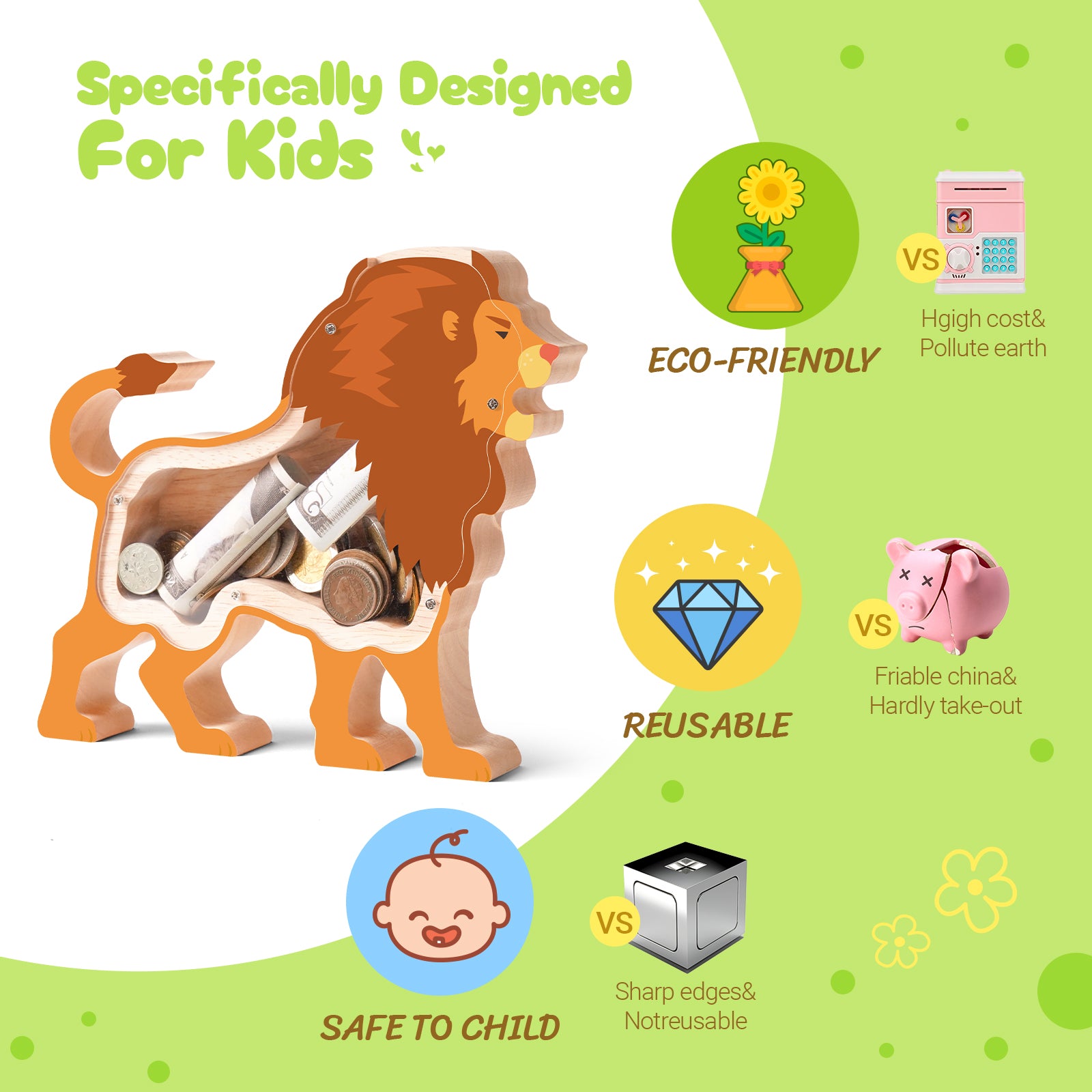 Wooden Lion Piggy Bank for Kids, Lion Piggy Bank with Acrylic Panels