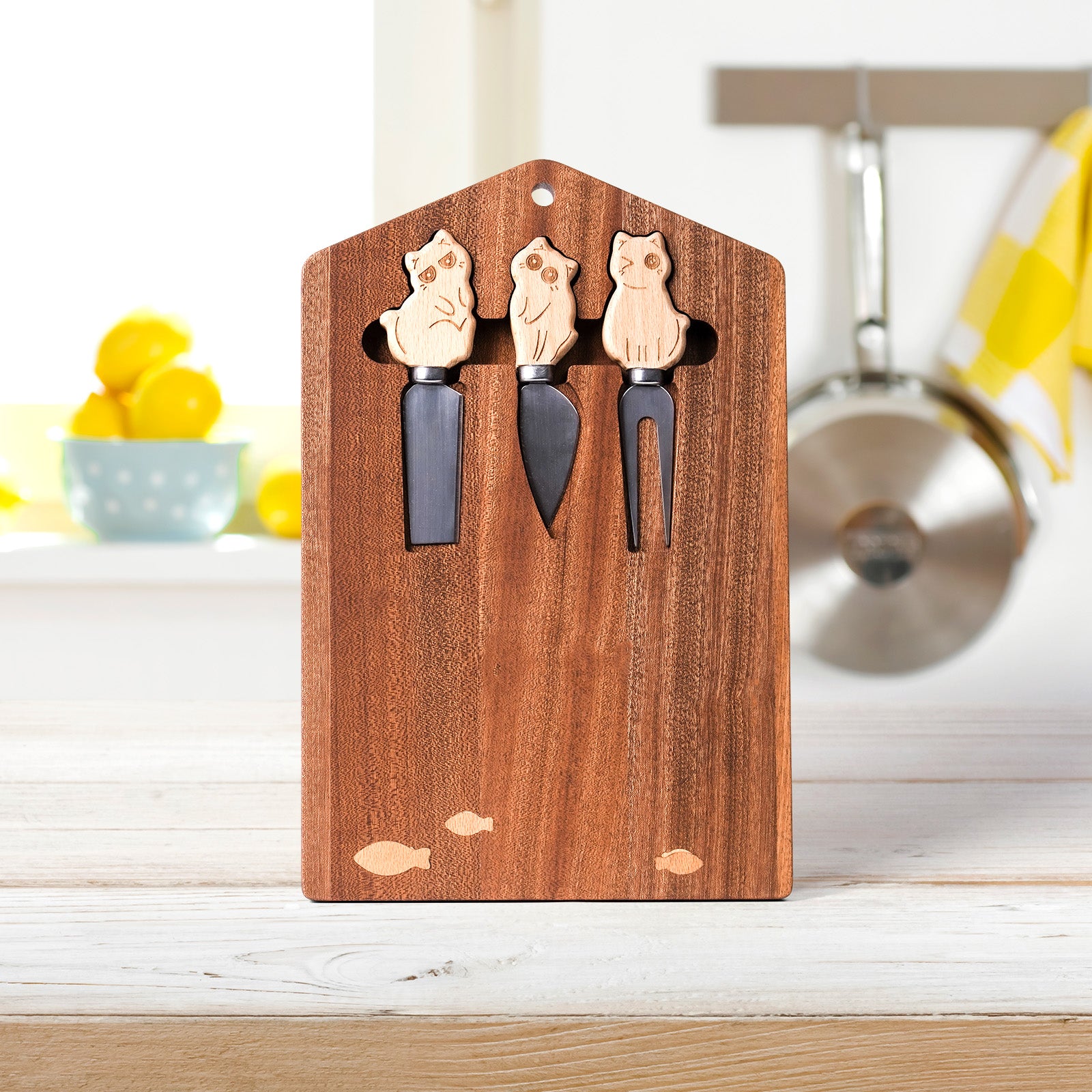 Wooden Cat-Themed Cheese Knife Set – Adorable Cat Design on Cutting Board – Perfect Gift for Cat Lovers