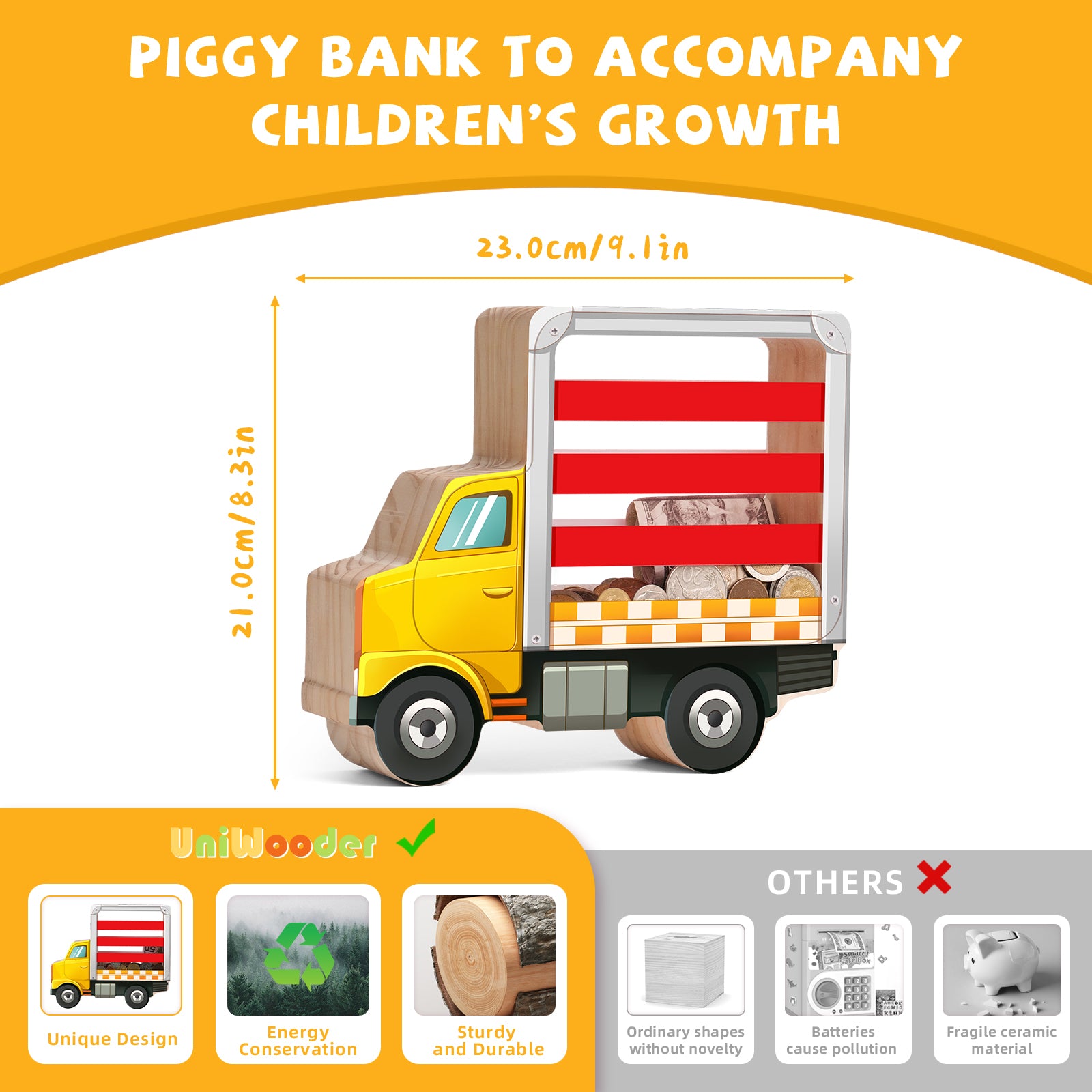 Wooden Truck Coin Bank with Double Transparent Sides – Fun & Durable Piggy Bank for Kids