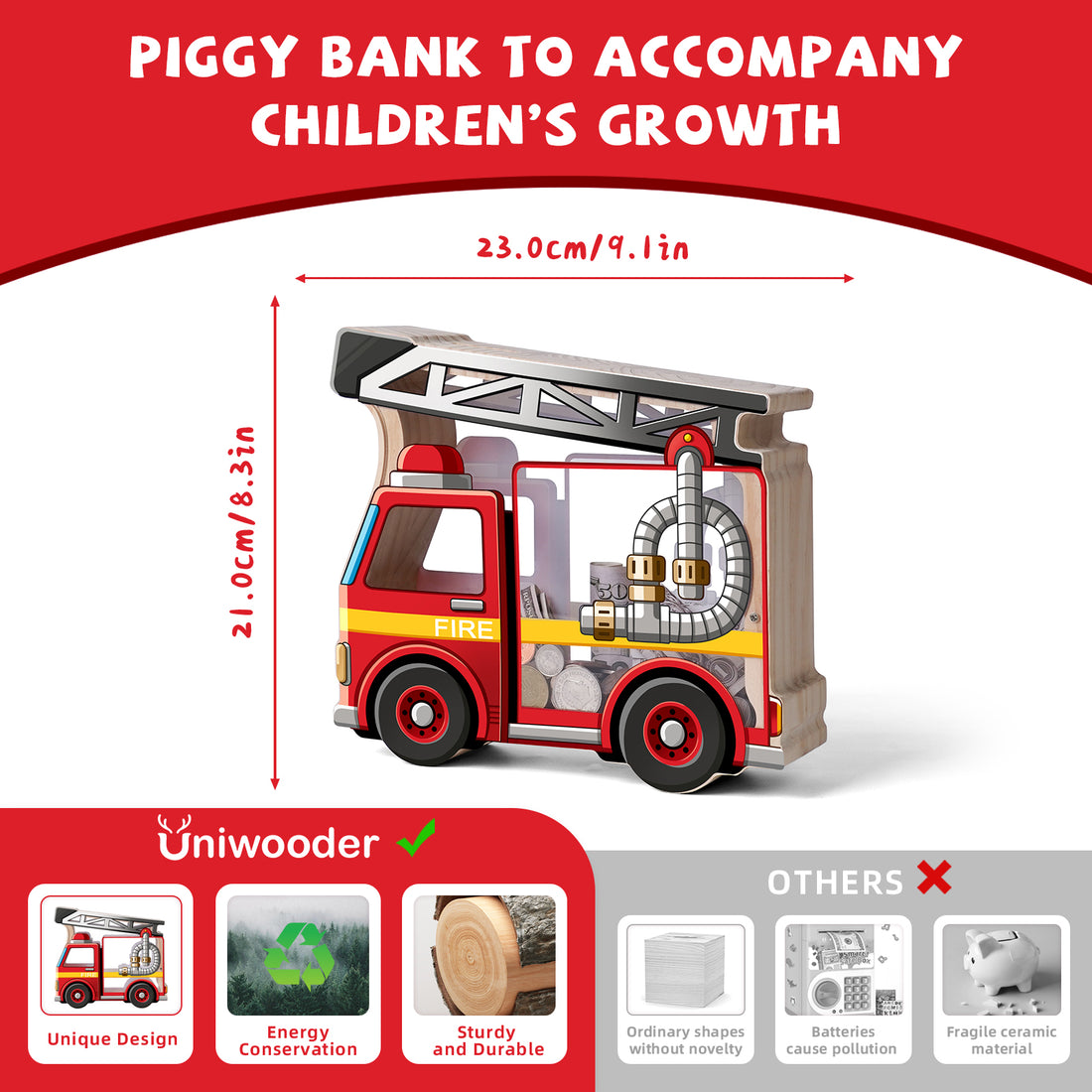 Wooden Piggy Bank for Kids, Fire Truck Piggy Bank with Acrylic Panels, Unbreakable Toddler Money Box for Boys and Girls, DIY Kids Safe Coin Box with Letter Sticker, Birthday Gift Visit the Uniwooder Store
