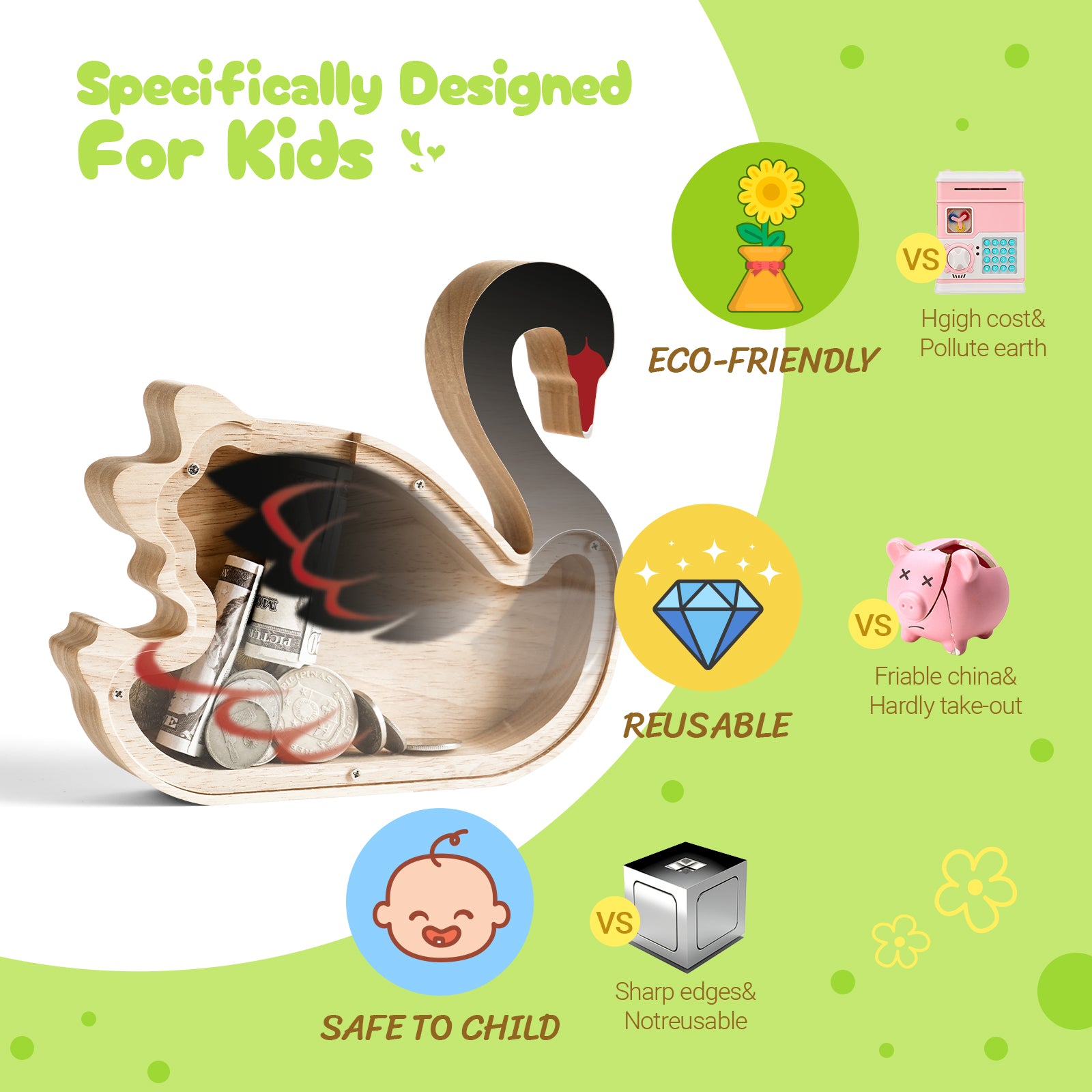 Elegant Black Swan Wooden Coin Bank – Single-Sided Acrylic Design, Decorative Gift for Kids & Families