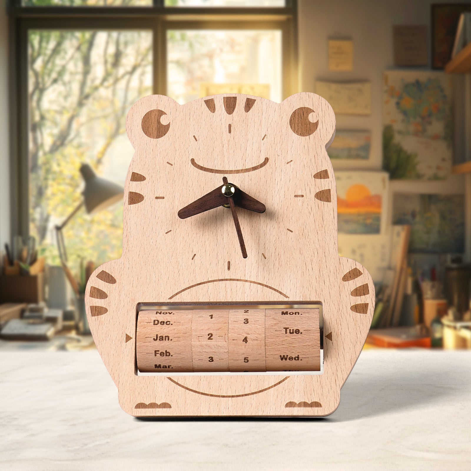 Wooden Frog Calendar Clock - Whimsical Timekeeper & Desk Decor