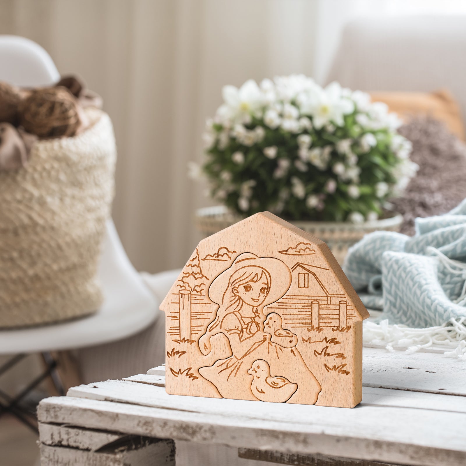 Rustic Wooden Figurine – Girl with Ducks Farmhouse Decor, Handcrafted Hug Keepsake for Home & Gifts