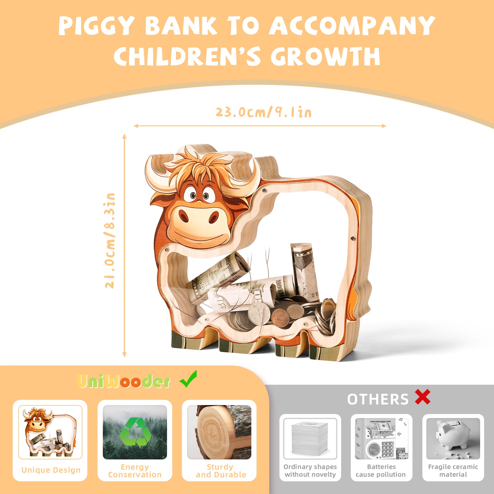 Wooden Cow Piggy Bank - Adorable Barnyard Money Keeper with Transparent Panels