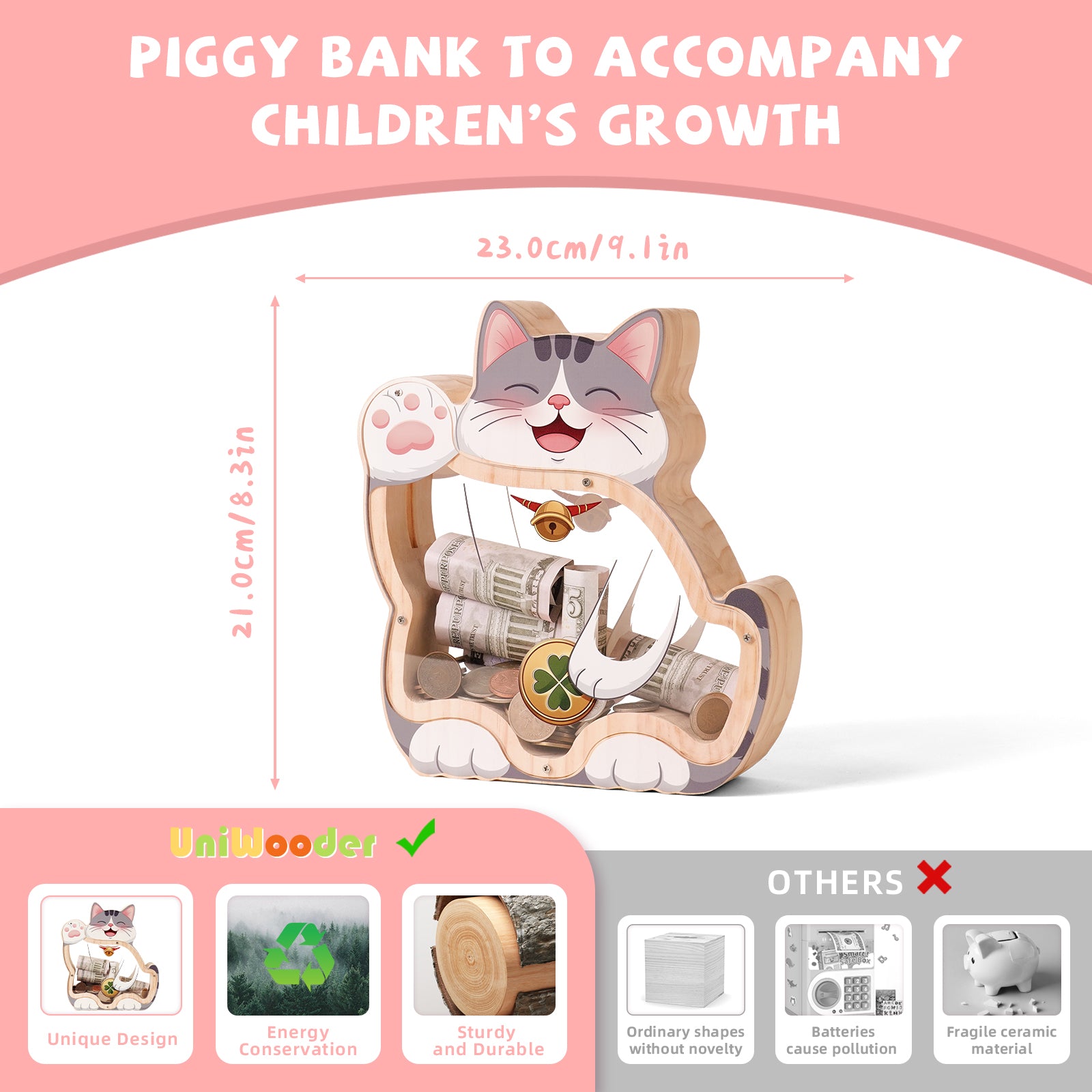 Cat Piggy Bank - Adorable Dual-View Money Box with Personalization Stickers