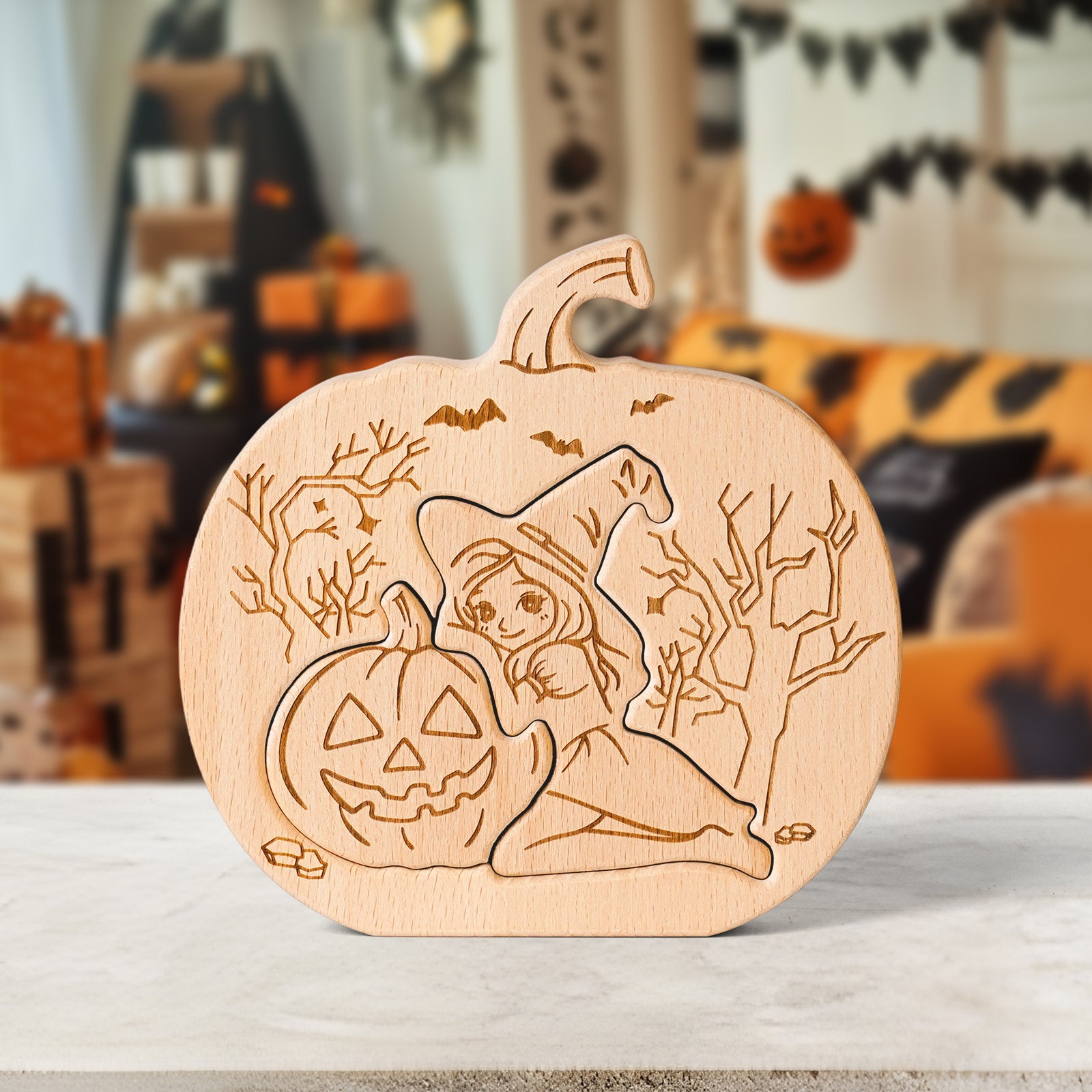 Wooden Halloween Pumpkin Puzzle – Witch & Jack-O'-Lantern Decorative Ornament for Kids & Adults, Fall Home Décor, Unique Gift Idea