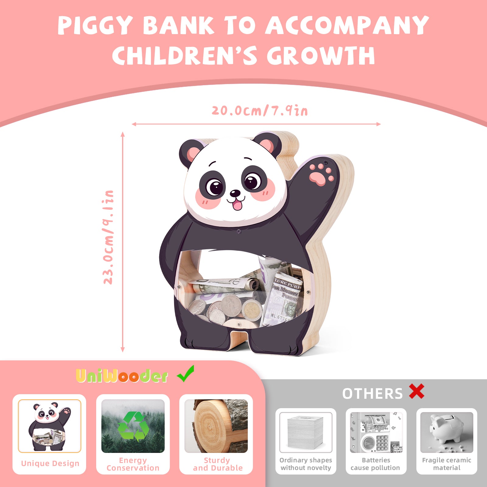 Cute Panda Wooden Transparent Piggy Bank
