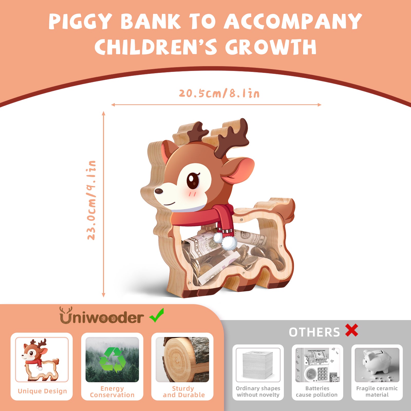 Wooden Reindeer Piggy Bank for Kids, Christmas Deer Money Bank for Boys Girls Toddler, Unbreakable Kids Money Box with Letter Sticker, Large Saving Coin Jar for Xmas Home Holiday Décor