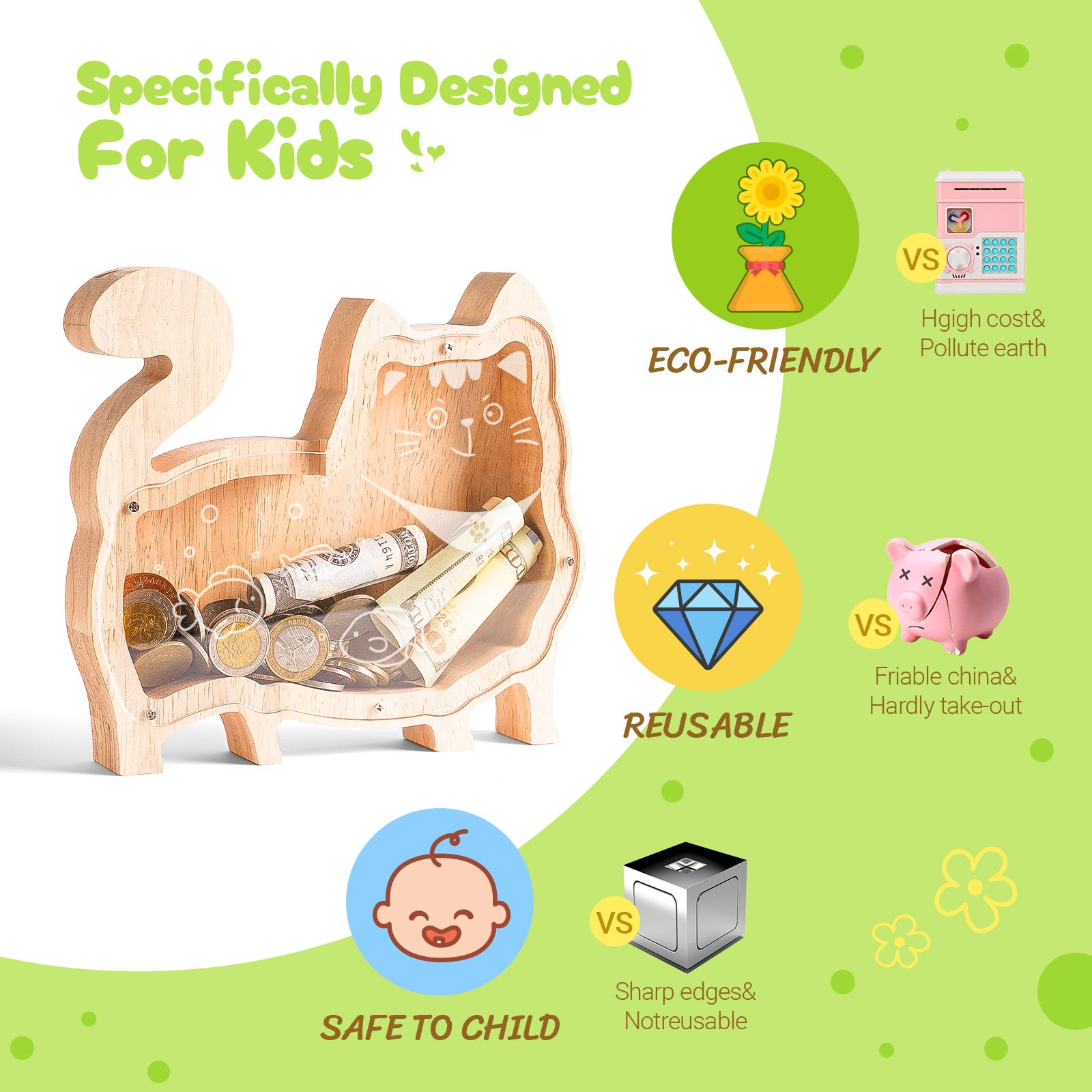 Wooden Cat Piggy Bank: Animal Style, Indestructible, Perfect Gift