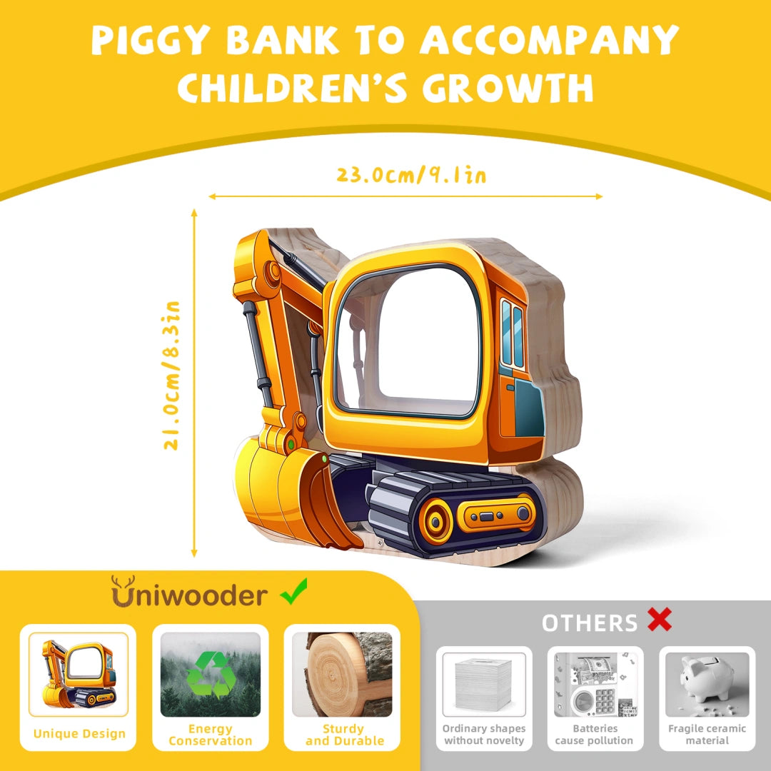 Wooden Excavator Piggy Bank for Kids,Tracked Excavator Money Box,Unbreakable Toddler Saving Coin Jar,Educatinal Toy for Boys Girls, Kids Coin Bank with Letter Sticker for Birthday,Christmas
