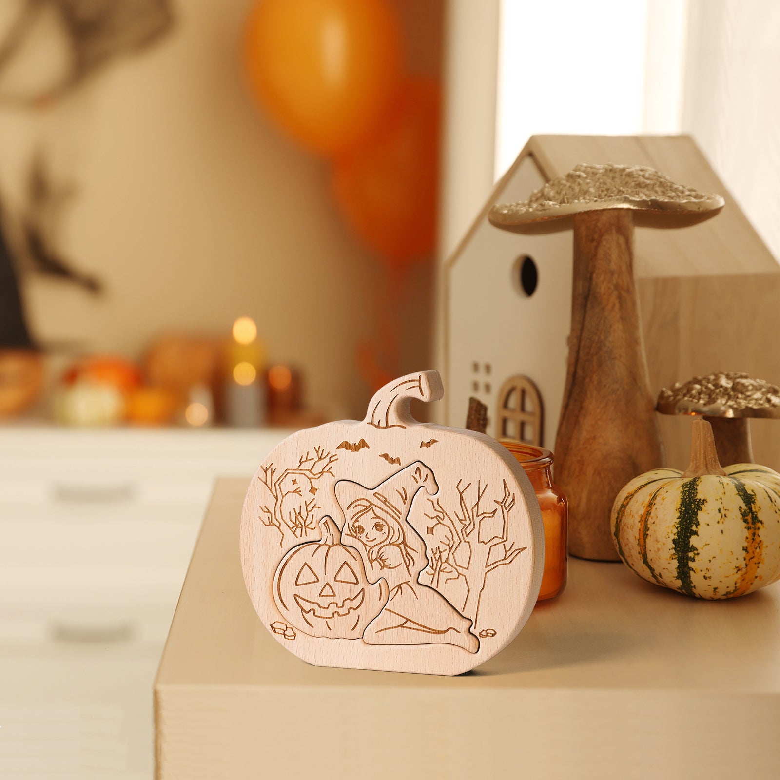 Wooden Halloween Pumpkin Puzzle – Witch & Jack-O'-Lantern Decorative Ornament for Kids & Adults, Fall Home Décor, Unique Gift Idea