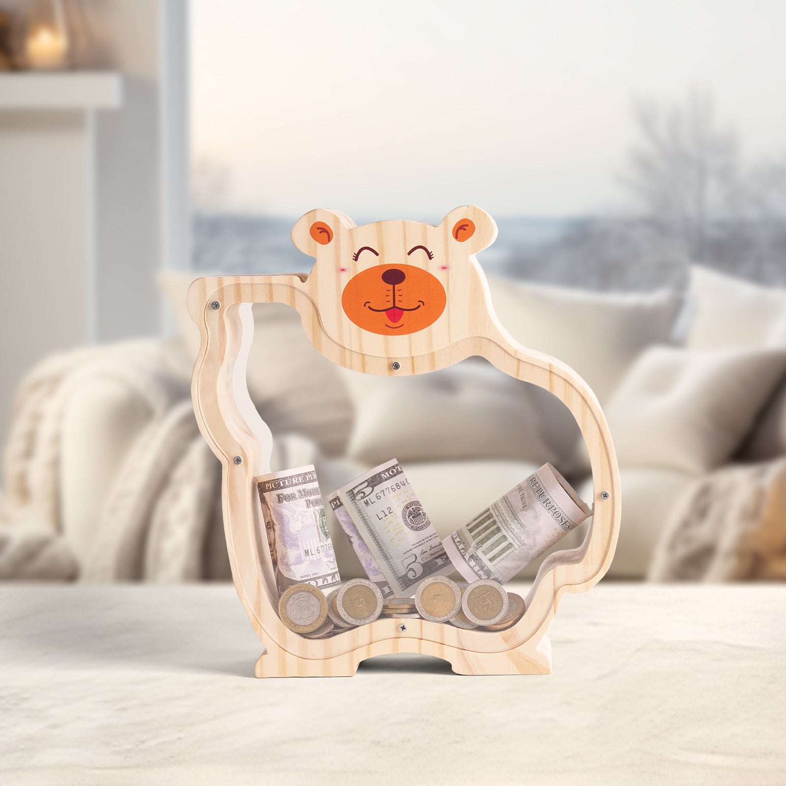 Wooden Bear Coin Bank - Adorable Animal-Shaped Money Box with Transparent Panel