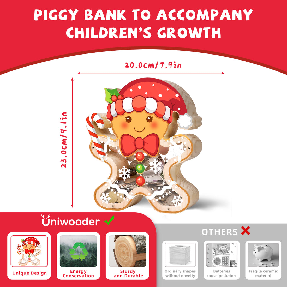 Wooden Christmas Piggy Bank for Kids, Gingerbread Man Money Bank