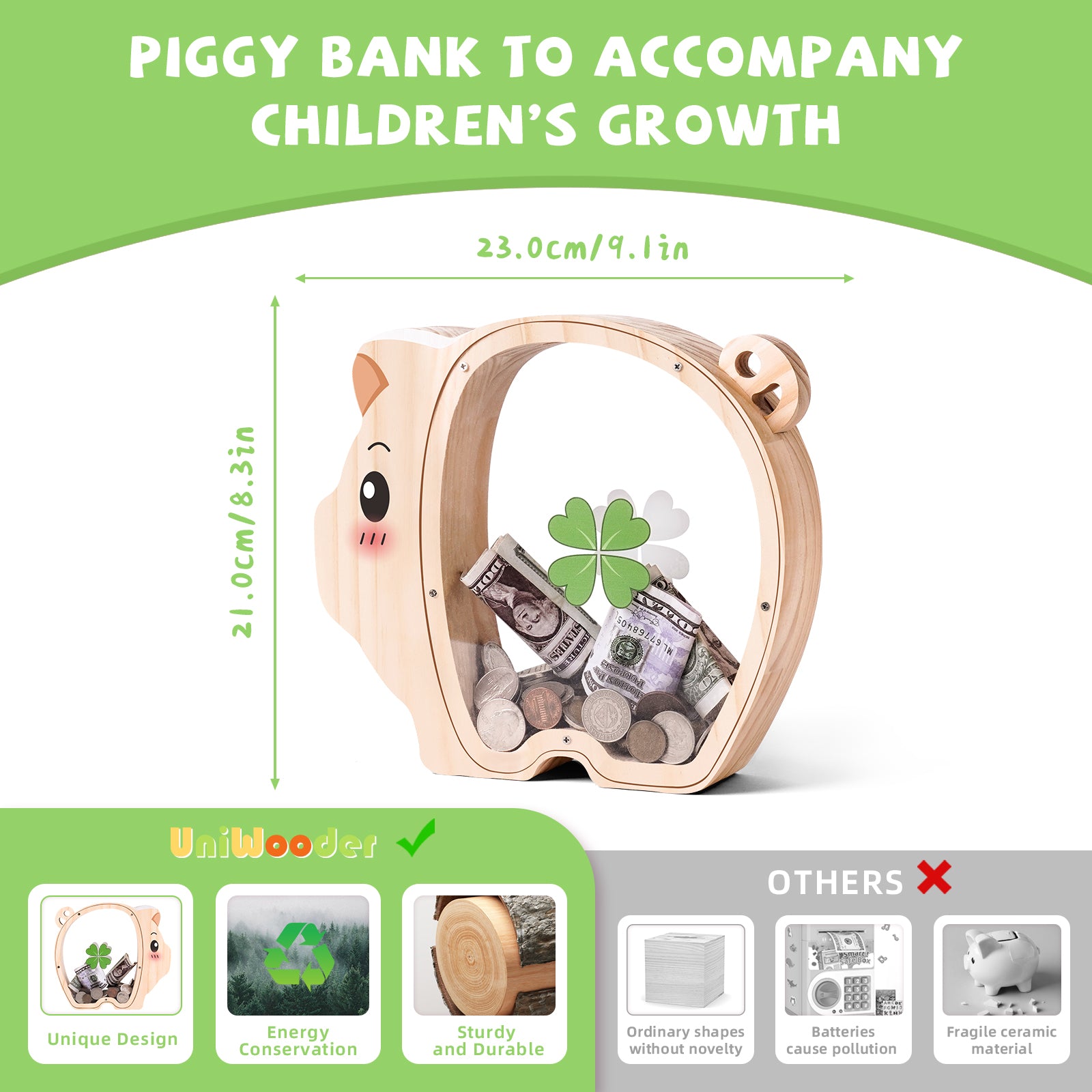 Wooden Piggy Bank - Classic Money Keeper with Modern Transparent Design