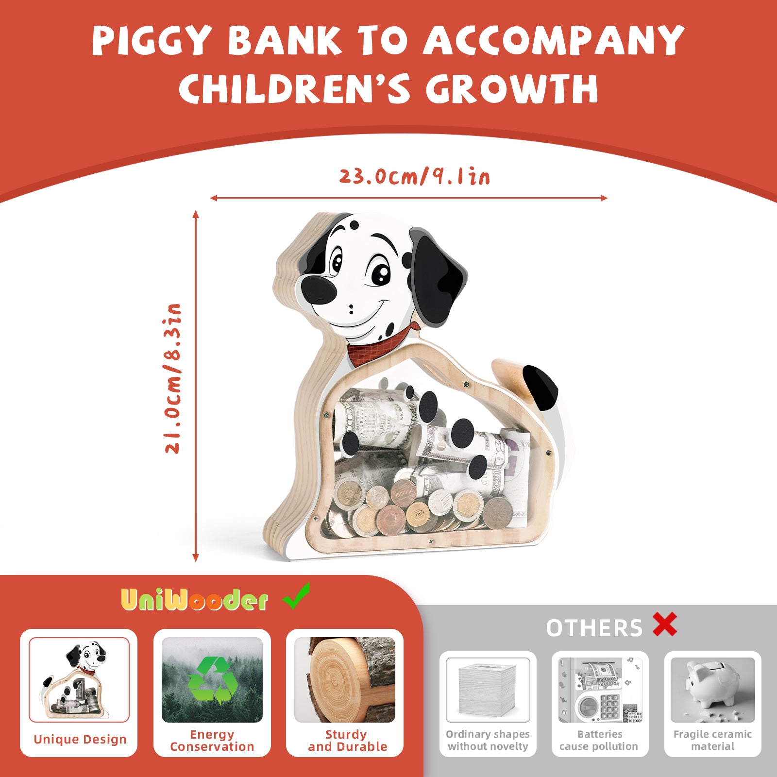 Wooden Dog Piggy Bank - Spotted Savings Fun with Personalization Stickers