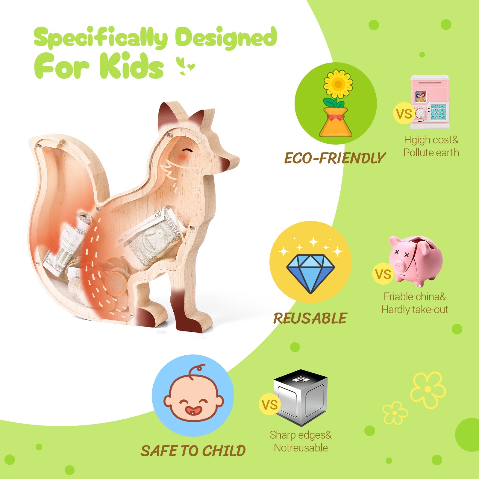 Wooden Fox Piggy Bank - Adorable & Safe Money Box for Kids & Fox Lovers