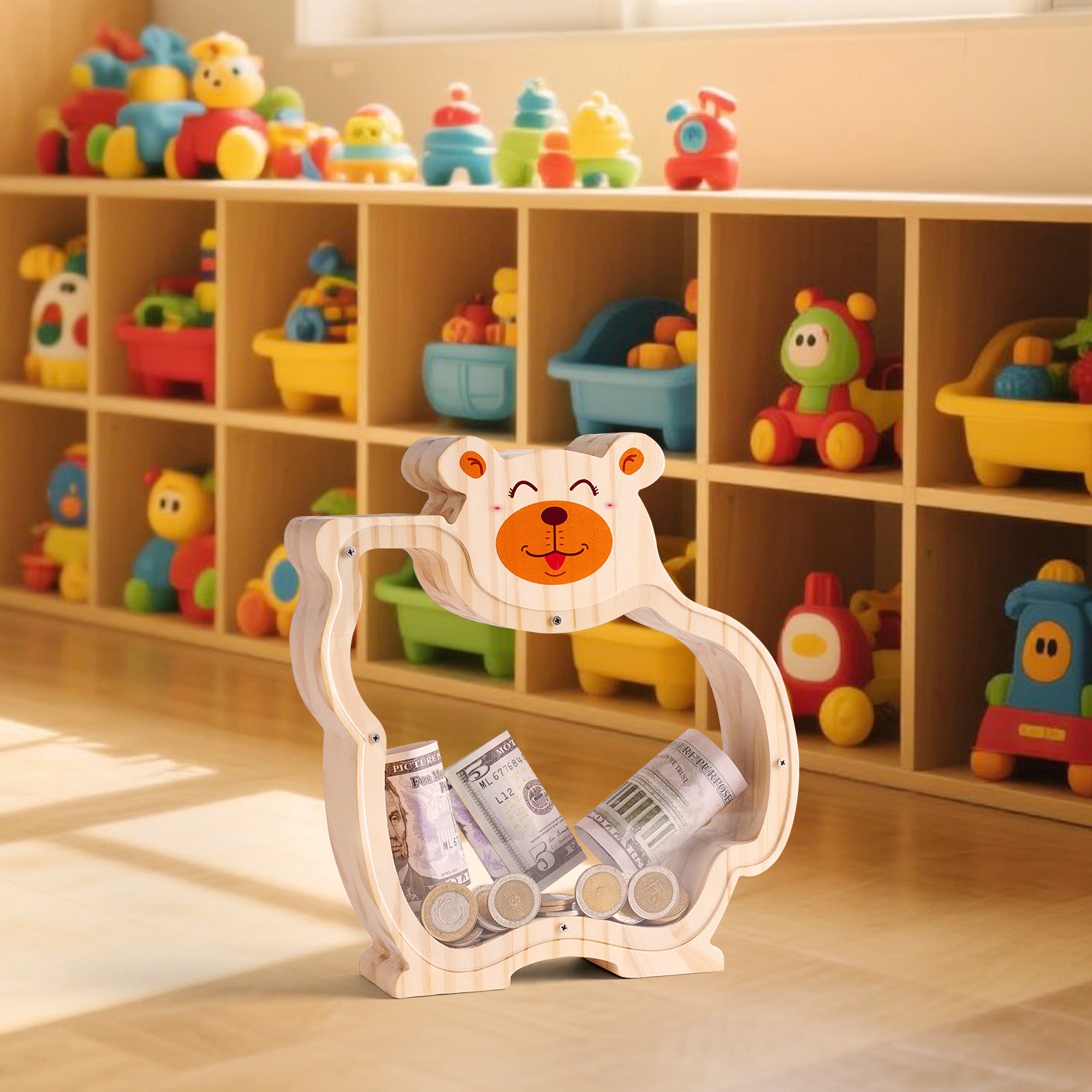 Wooden Bear Coin Bank - Adorable Animal-Shaped Money Box with Transparent Panel