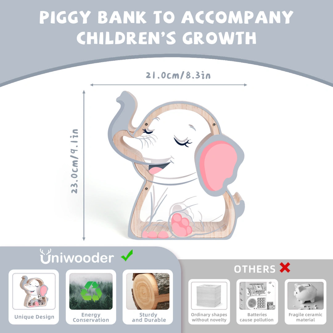 Wooden Elephant Piggy Bank for Kids, Unbreakable Money Box for Boys Girls, Toddler Money Bank with Letter Stickers, Christmas Birthday Gift, Educational Toy Money Jar