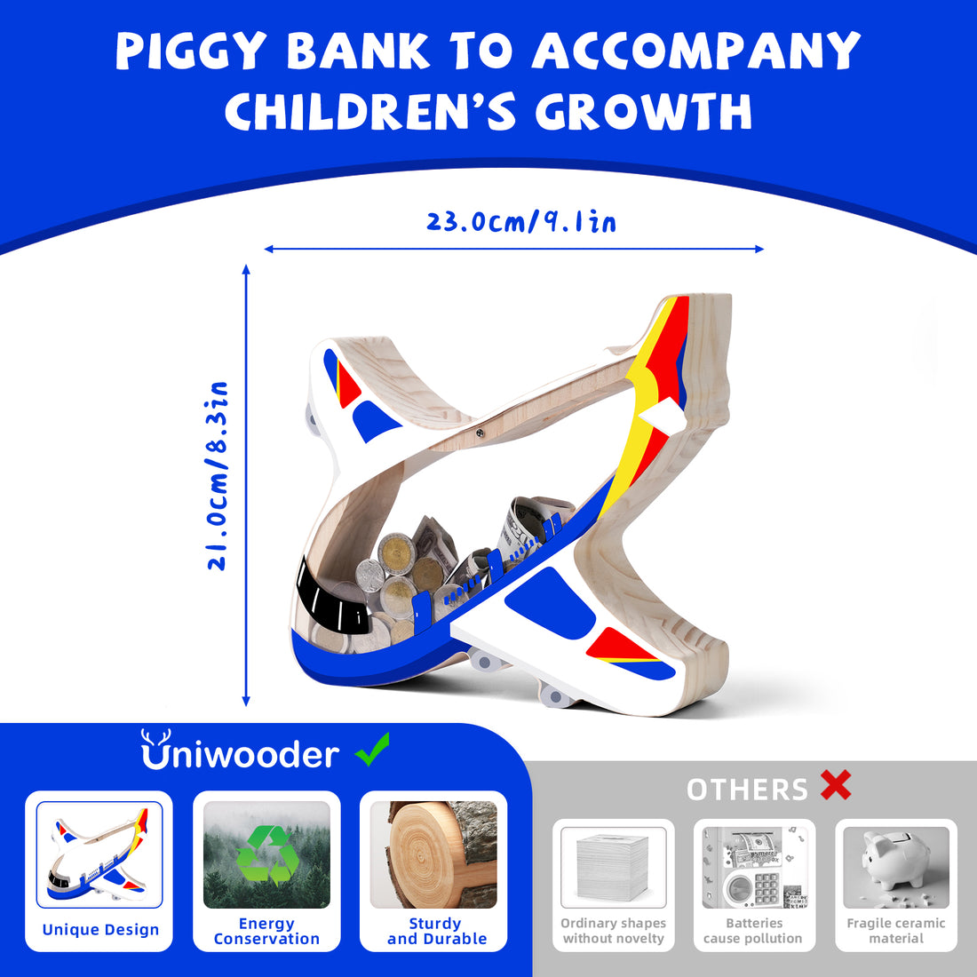 Airplane-Shaped Wooden Piggy Bank – Unique Coin & Cash Saver for Kids, Fun Savings Jar for Boys and Girls