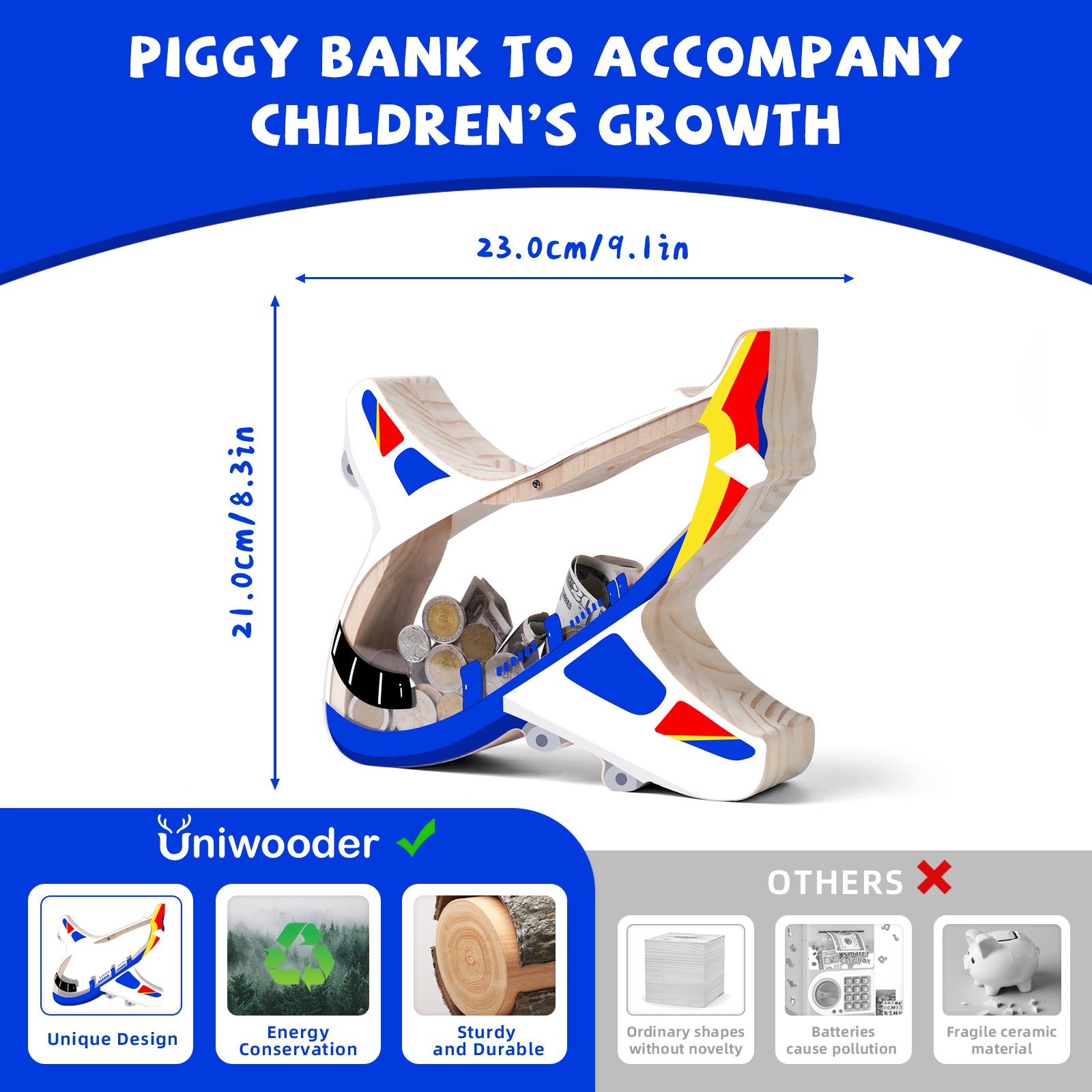 Airplane-Shaped Wooden Piggy Bank – Unique Coin & Cash Saver for Kids, Fun Savings Jar for Boys and Girls
