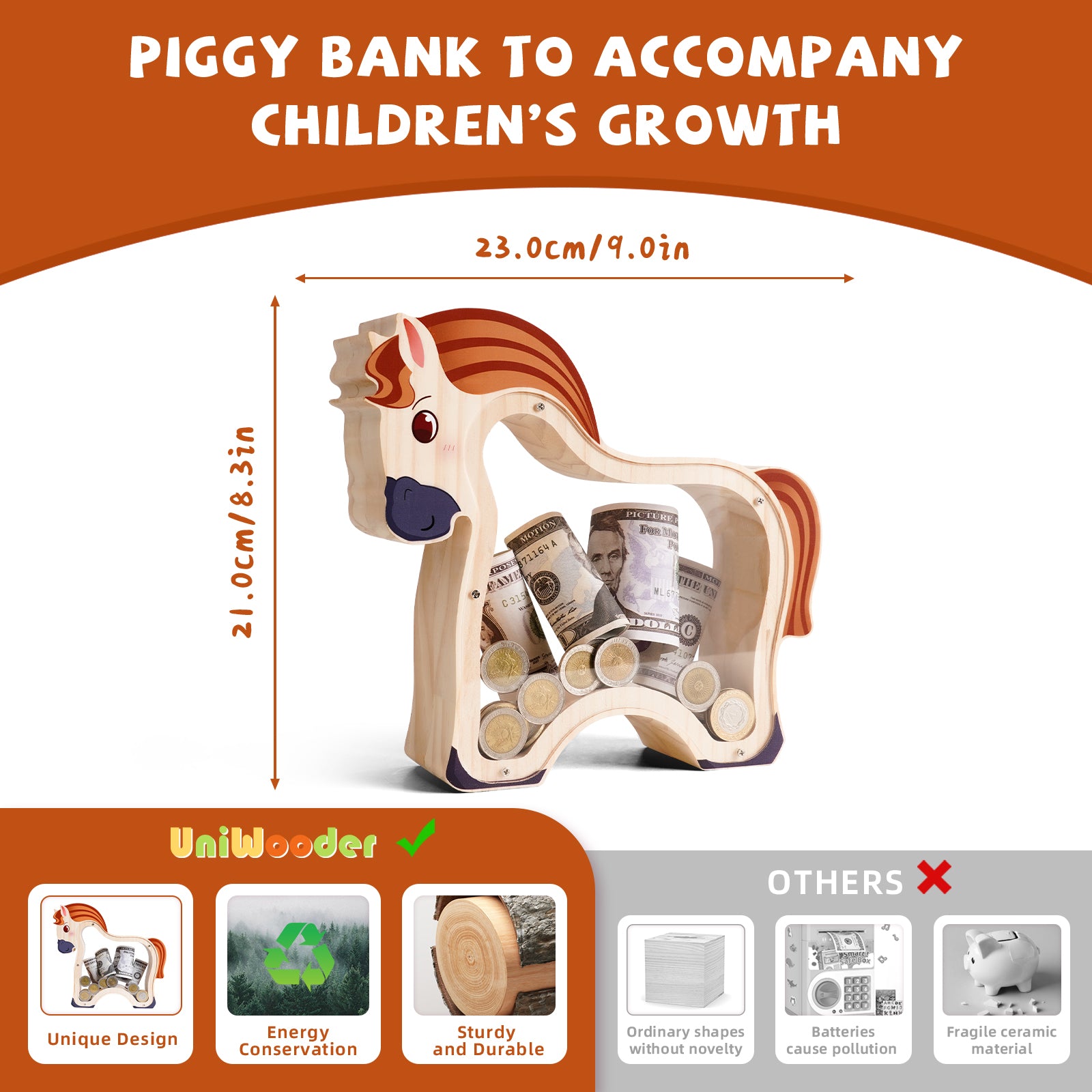 Wooden Horse Piggy Bank: Elegant Money Keeper & Decorative Gift