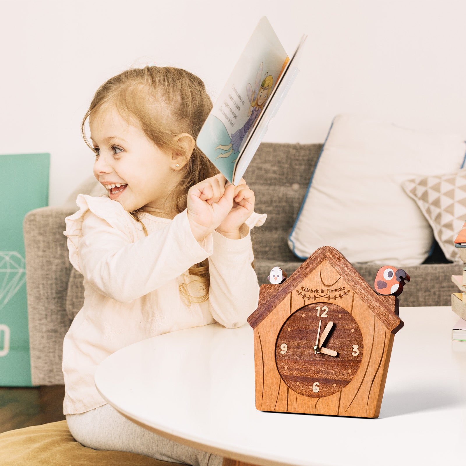 Wooden House Clock with Cute Bird Accents – Charming Kids Room Decor