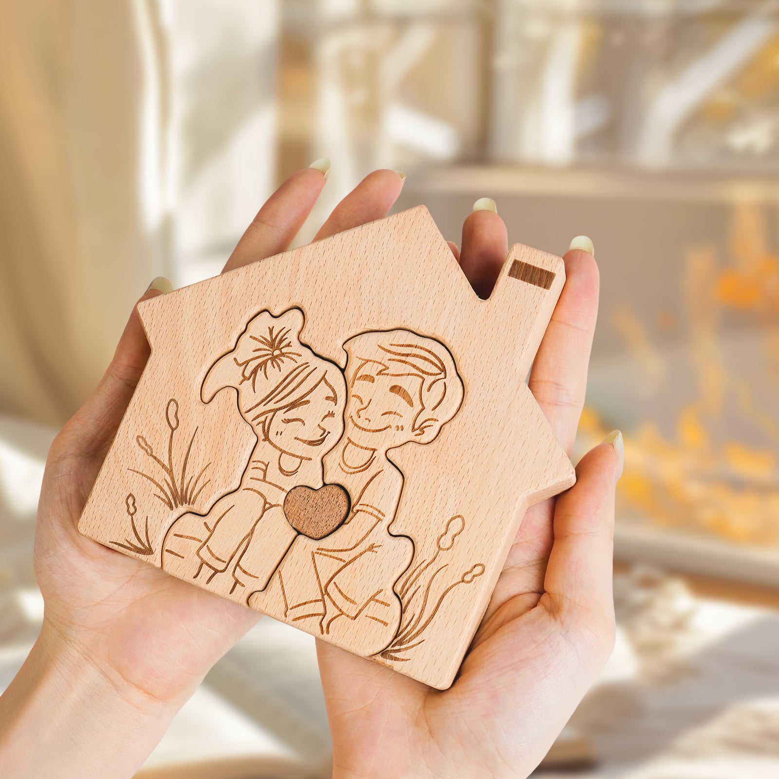 "Home is Where the Heart Is" Wooden Couple Statue - Romantic Home Decor & Gift