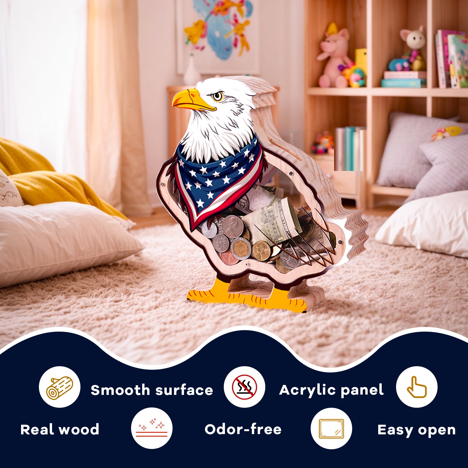American Eagle Wooden Coin Bank – Patriotic Gift for Kids, Grandchildren, and Families