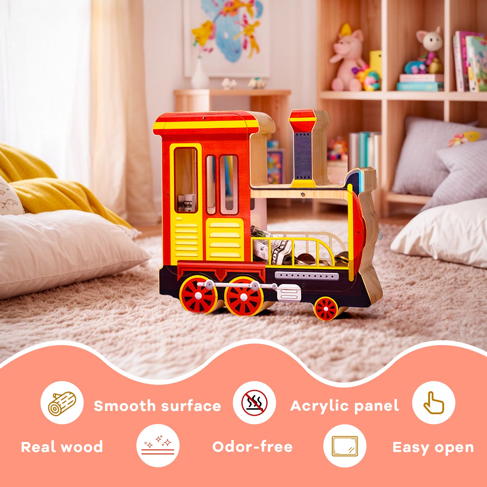 Wooden Locomotive Piggy Bank for Kids, Train Money Box with Acrylic Panels