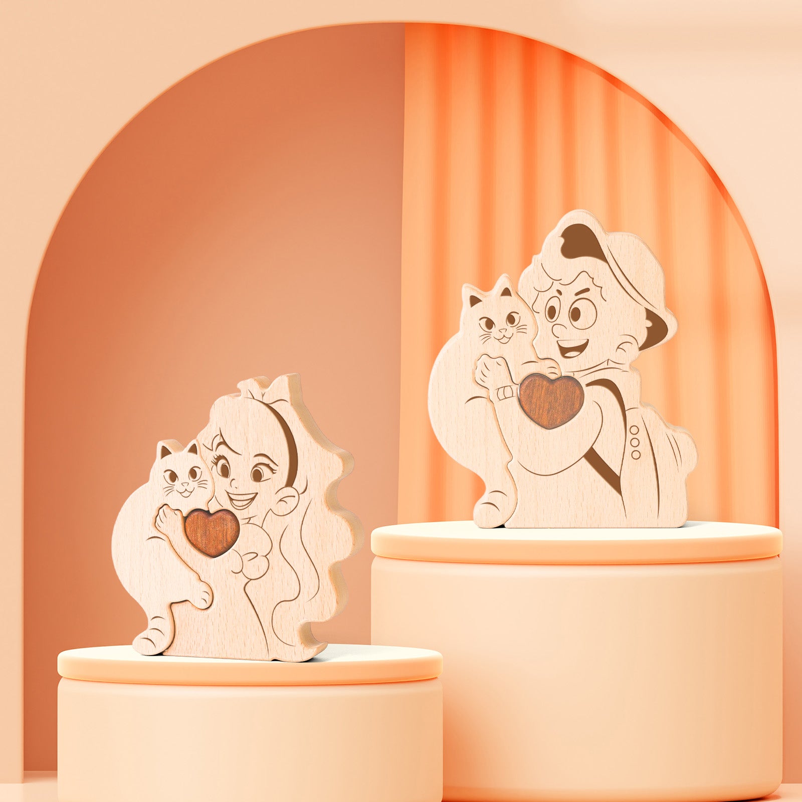 Wooden puzzle of boys/girls and cats, home craft decoration, warm gift