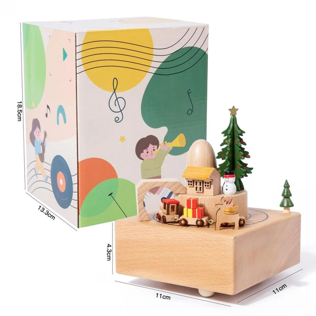 Wooden Christmas Music Box - Enchanting Rotating Train & Holiday Decor