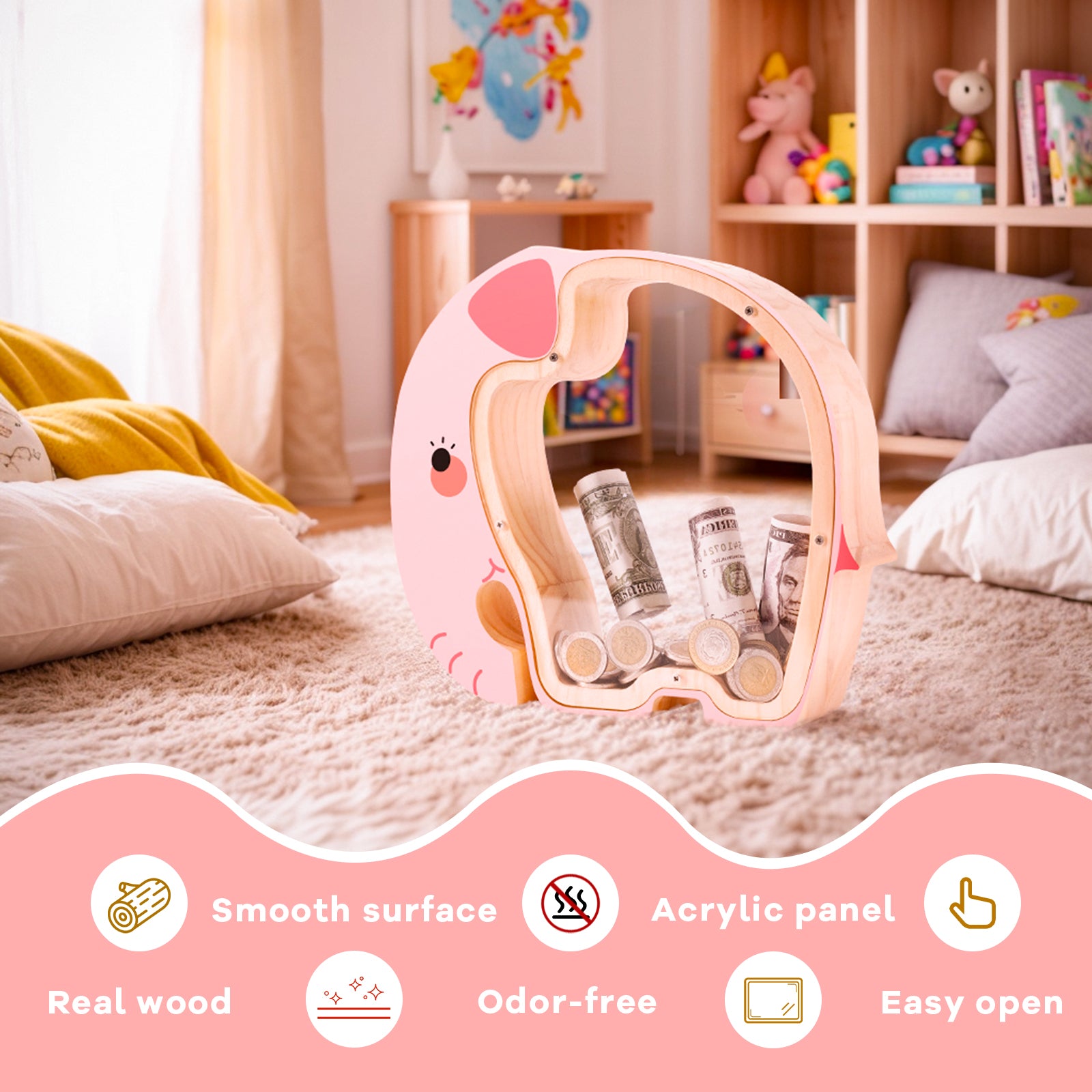Wooden Elephant Piggy Bank - Adorable Dual-View Coin Keeper with Personalization Stickers