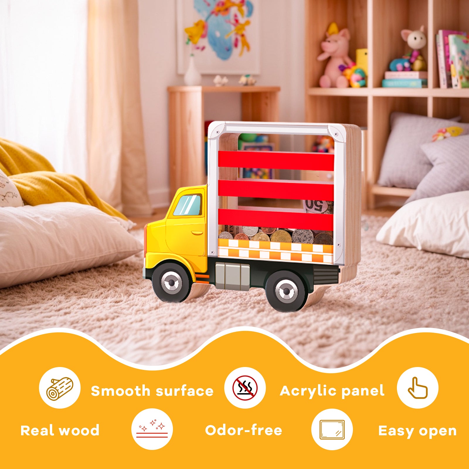 Wooden Truck Coin Bank with Double Transparent Sides – Fun & Durable Piggy Bank for Kids