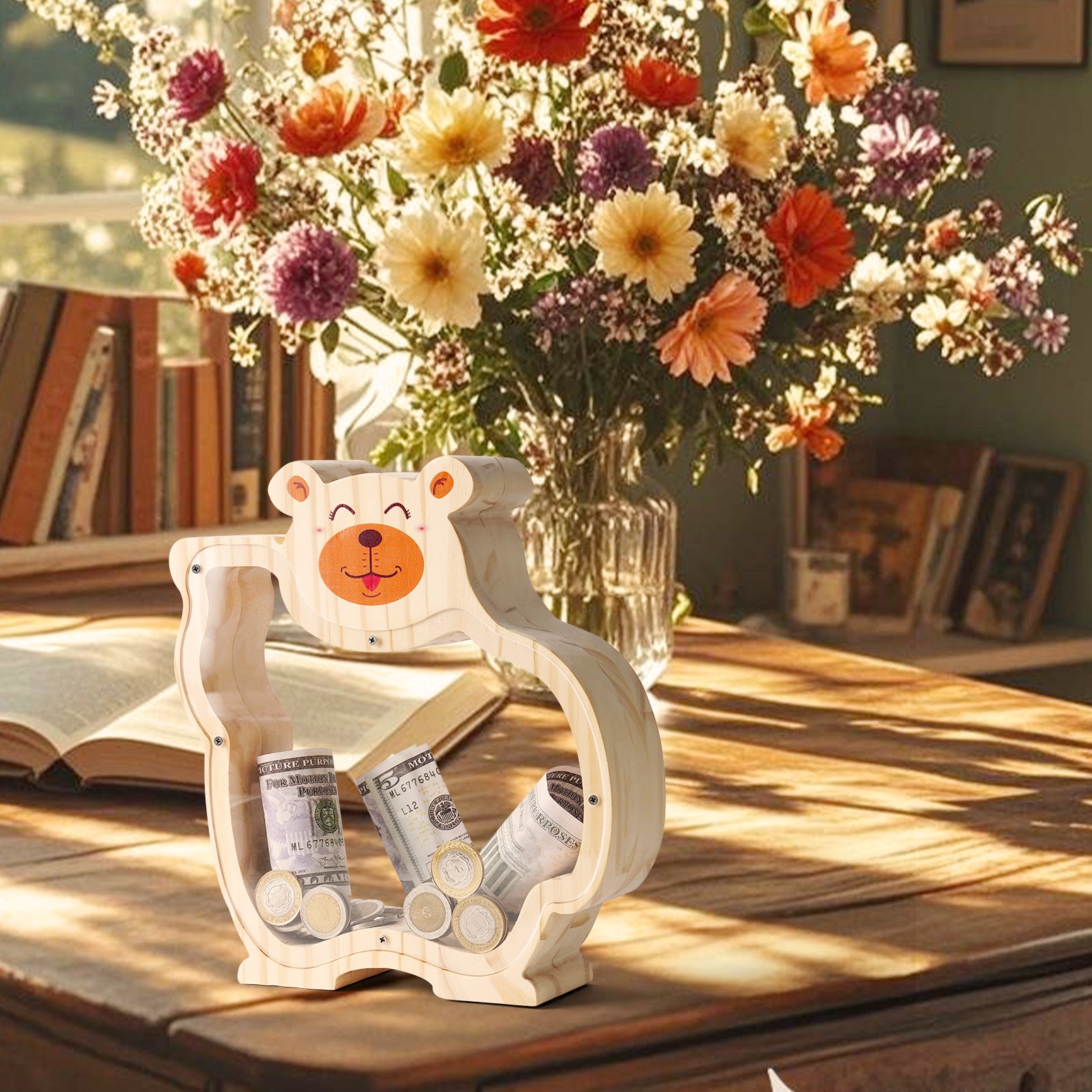 Wooden Bear Coin Bank - Adorable Animal-Shaped Money Box with Transparent Panel