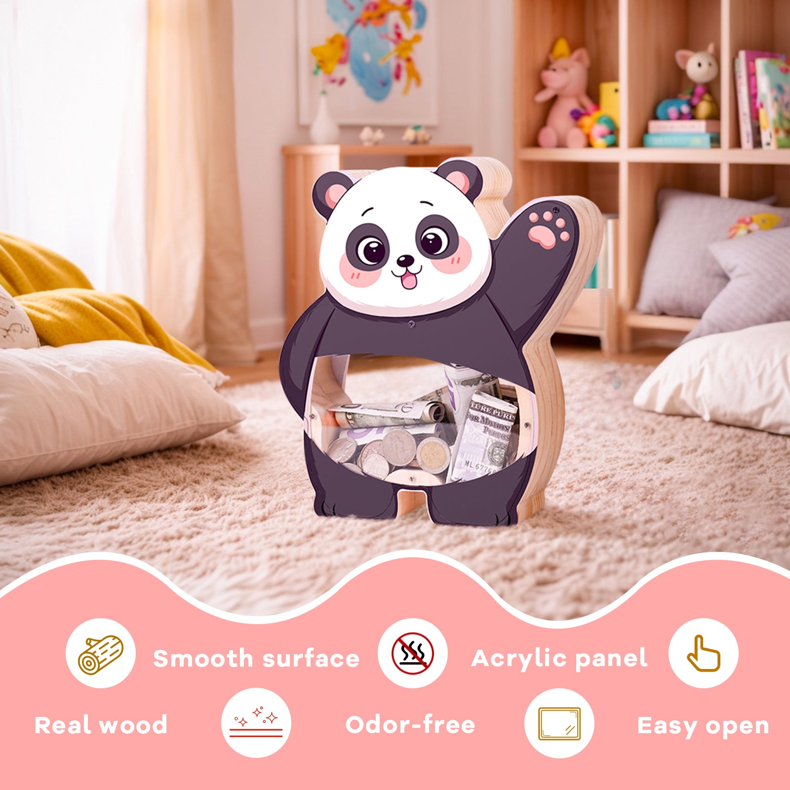 Cute Panda Wooden Transparent Piggy Bank