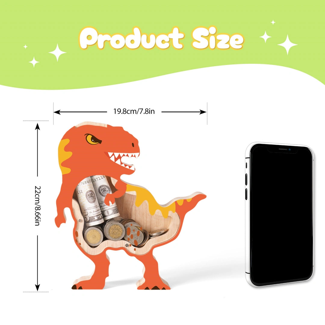 Wooden Dinosaur Piggy Banks for Kids, T-Rex Unbreakable Coin Bank with Acrylic Panels, Toddler Dino Money Bank for Boys Girls, Large Saving Coin Jar for Birthday, Christmas Décor